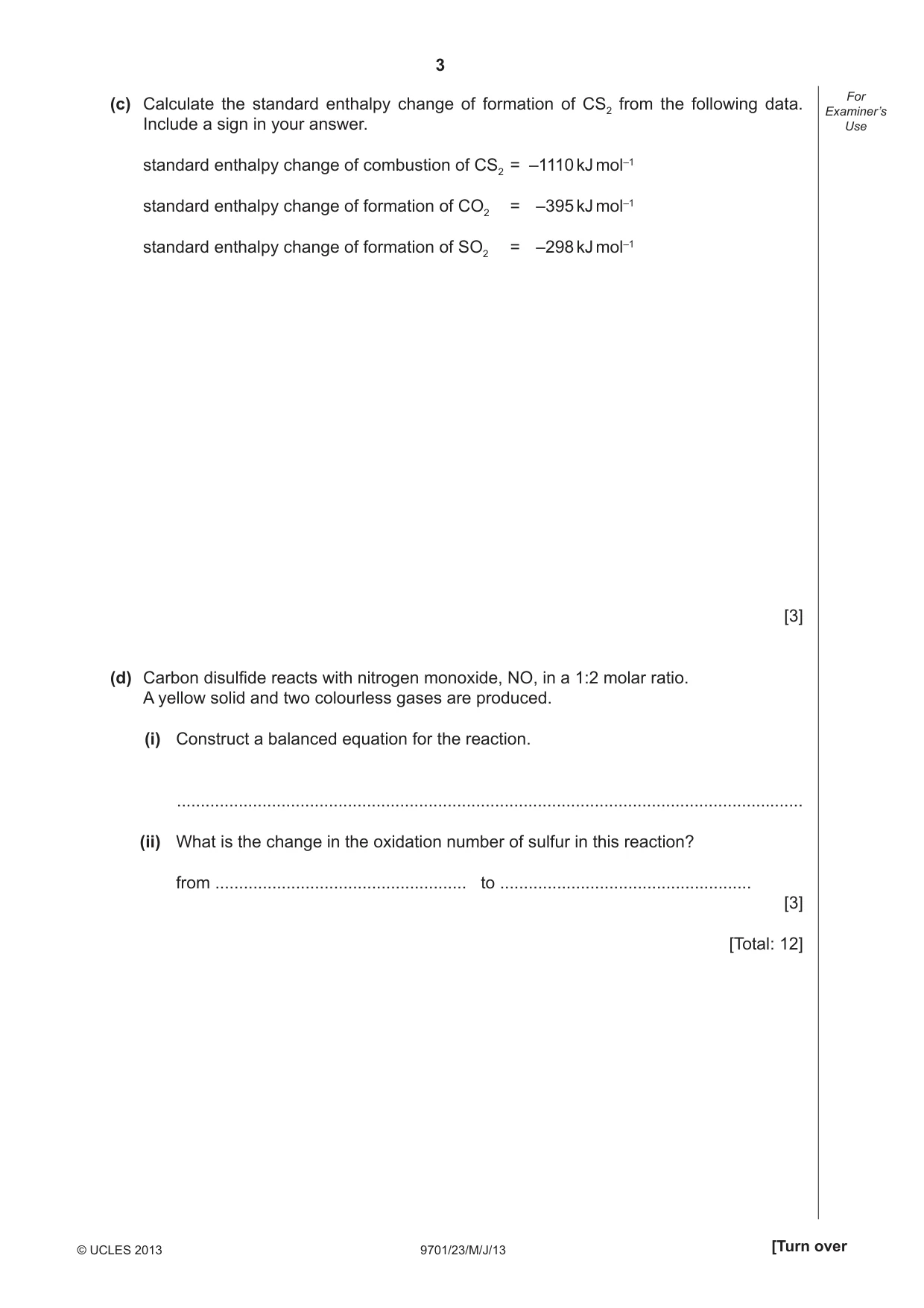 Cambridge A Level Chemistry 9701 2013 May/June Paper 2 · Variant 3 question paper, page 3 of 12