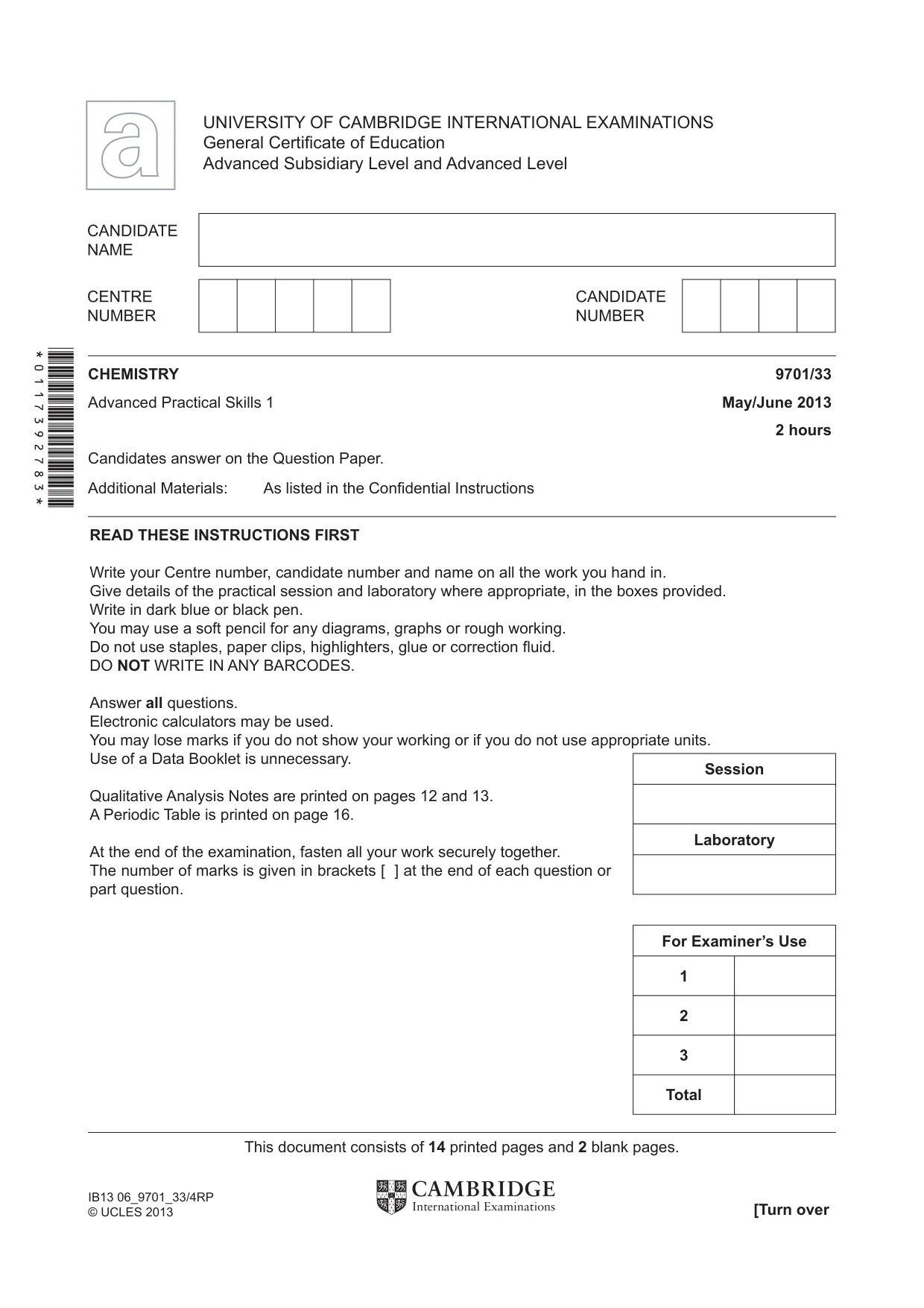 Cambridge A Level Chemistry 9701 2013 May/June Paper 3 · Variant 3 question paper, page 1 of 16