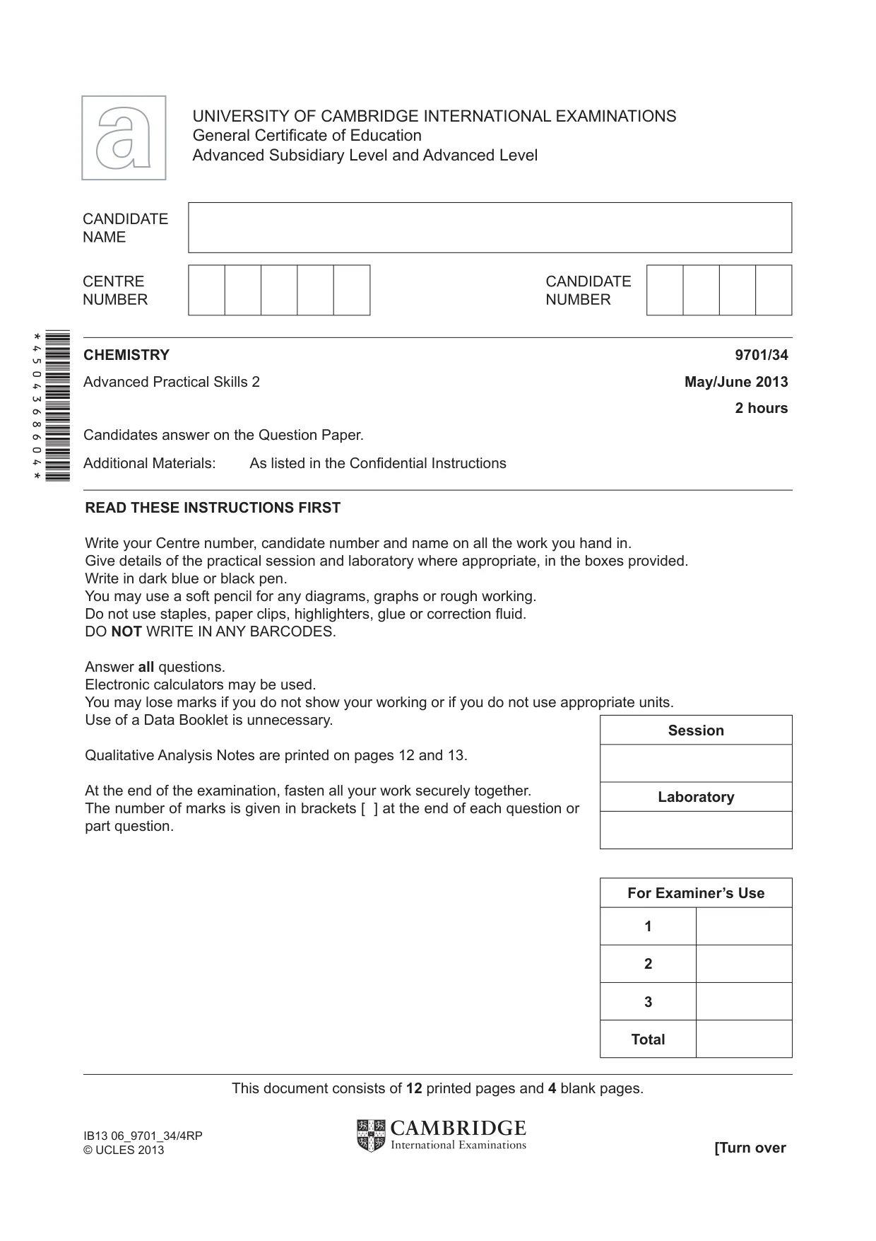 Cambridge A Level Chemistry 9701 2013 May/June Paper 3 · Variant 4 question paper, page 1 of 16