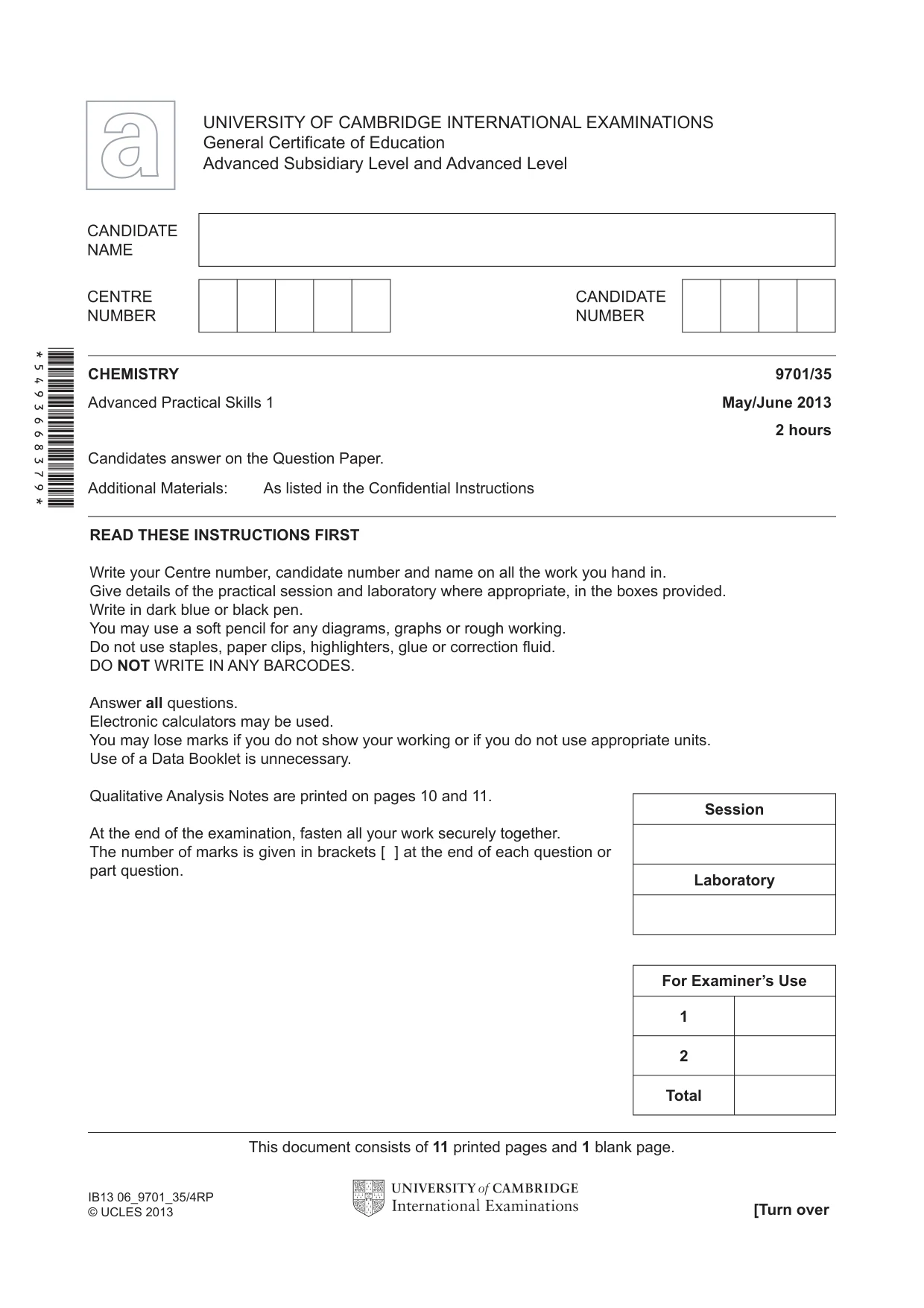 Cambridge A Level Chemistry 9701 2013 May/June Paper 3 · Variant 5 question paper, page 1 of 12