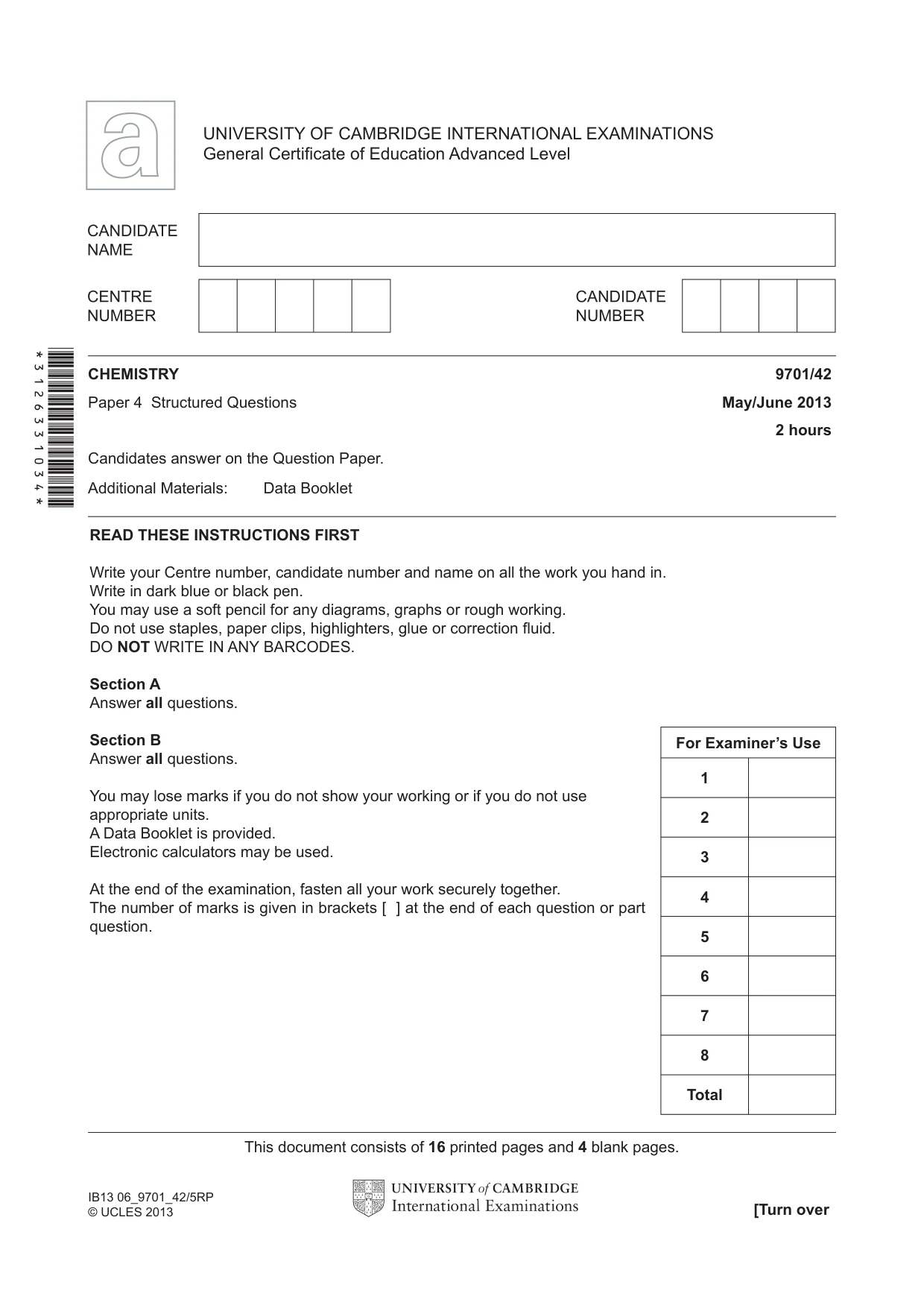 Cambridge A Level Chemistry 9701 2013 May/June Paper 4 · Variant 2 question paper, page 1 of 20
