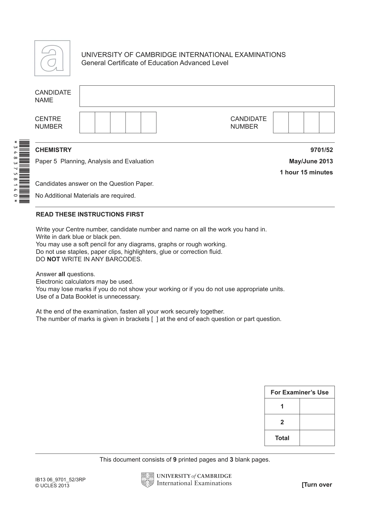 Cambridge A Level Chemistry 9701 2013 May/June Paper 5 · Variant 2 question paper, page 1 of 12