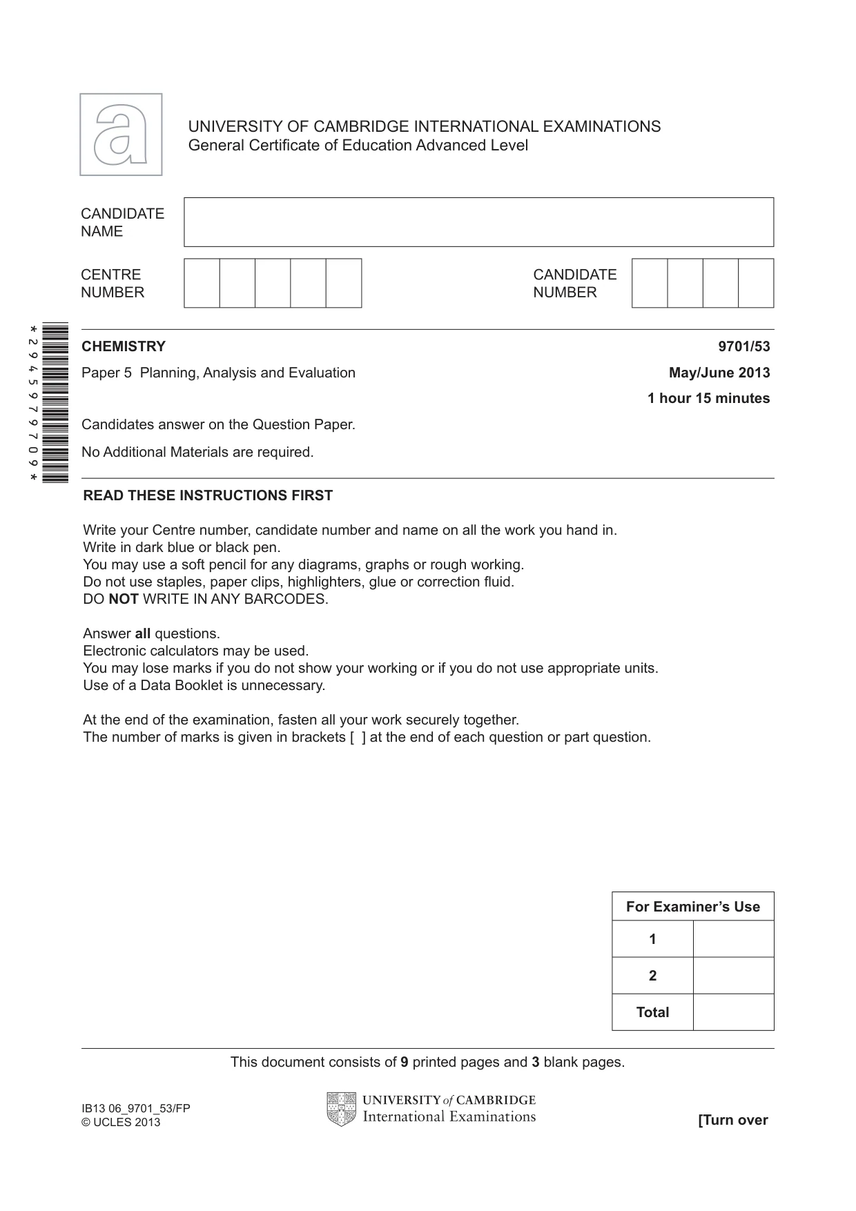 Cambridge A Level Chemistry 9701 2013 May/June Paper 5 · Variant 3 question paper, page 1 of 12
