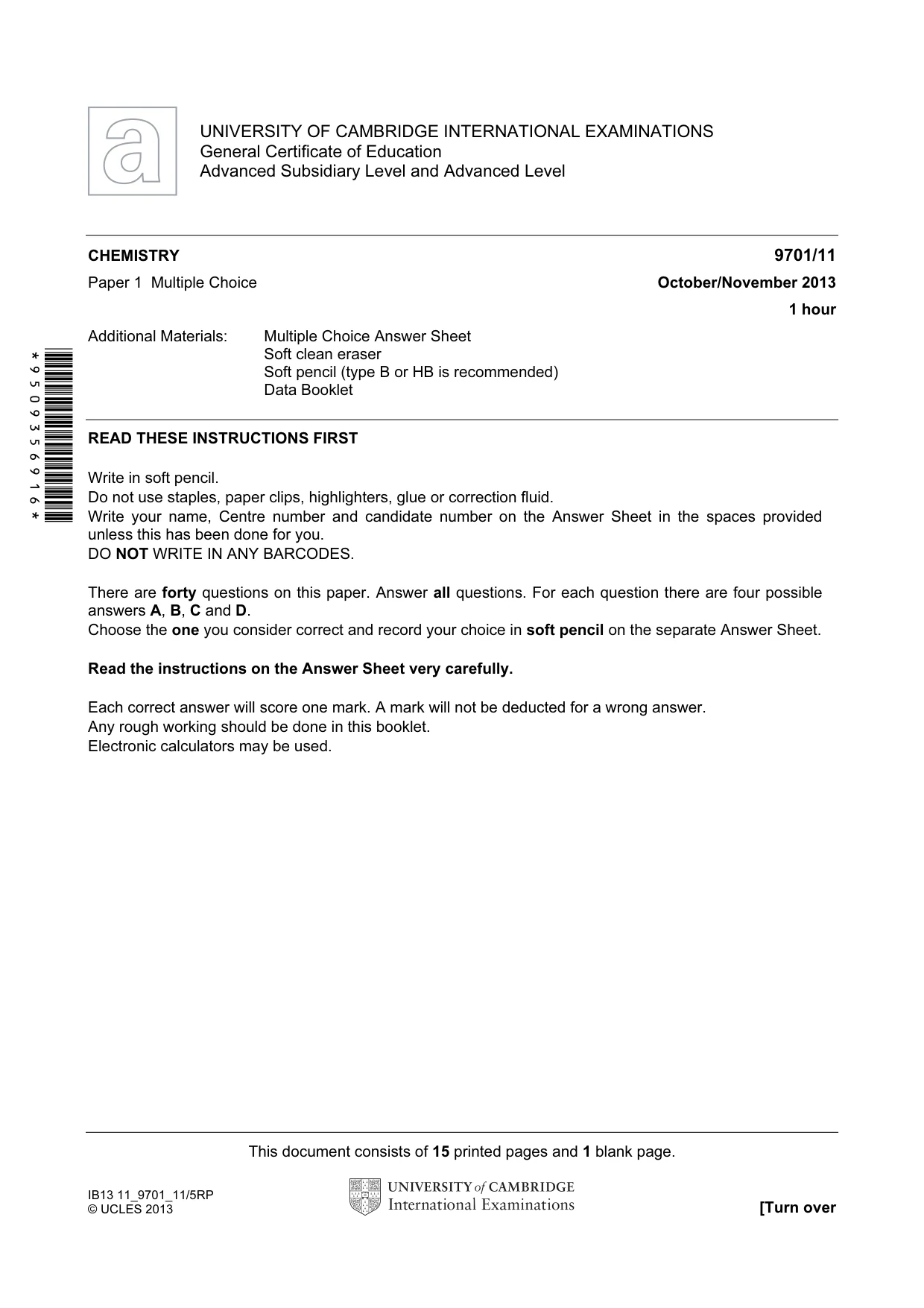 Cambridge A Level Chemistry 9701 2013 Oct/Nov Paper 1 · Variant 1 question paper, page 1 of 16