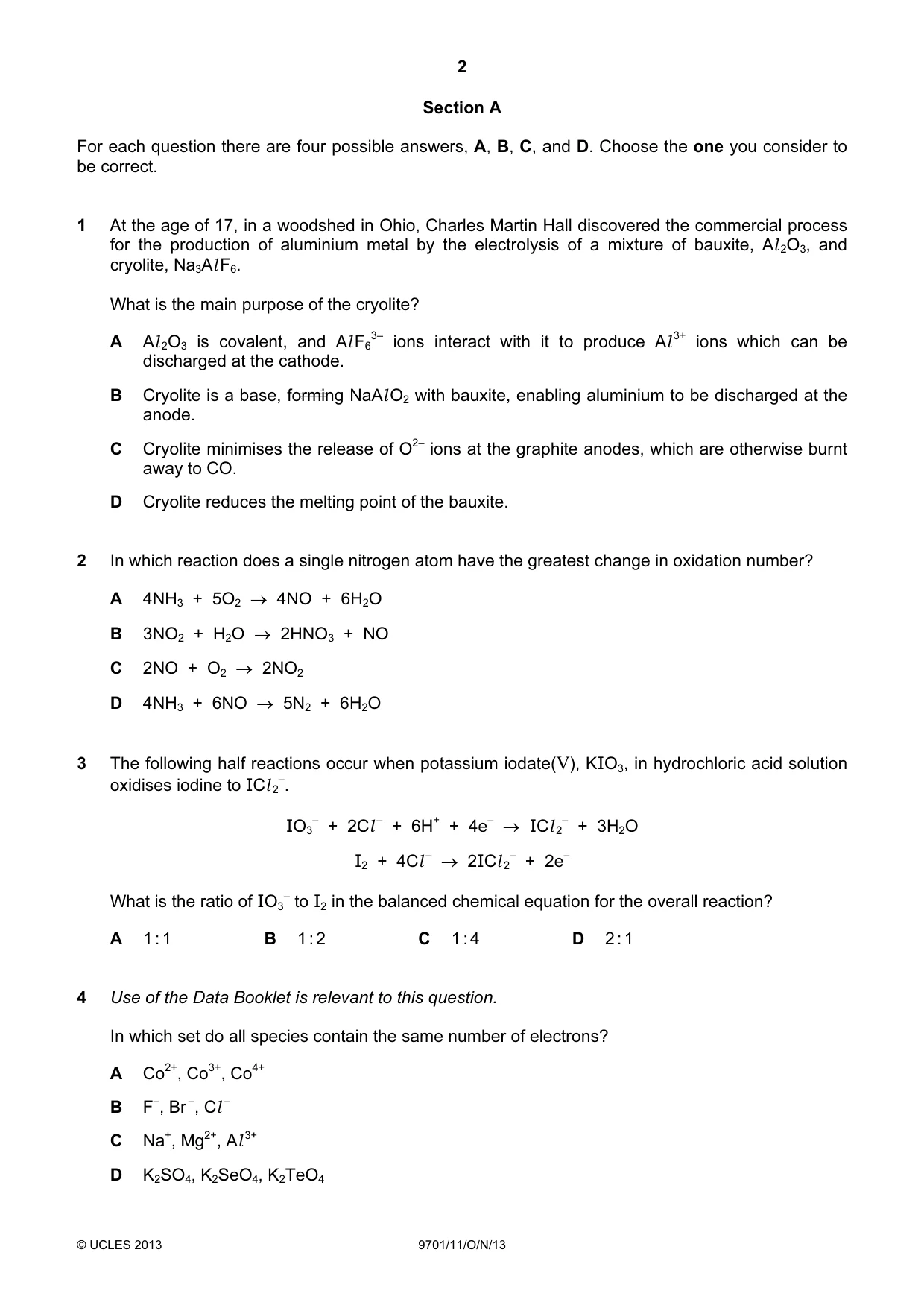 Cambridge A Level Chemistry 9701 2013 Oct/Nov Paper 1 · Variant 1 question paper, page 2 of 16