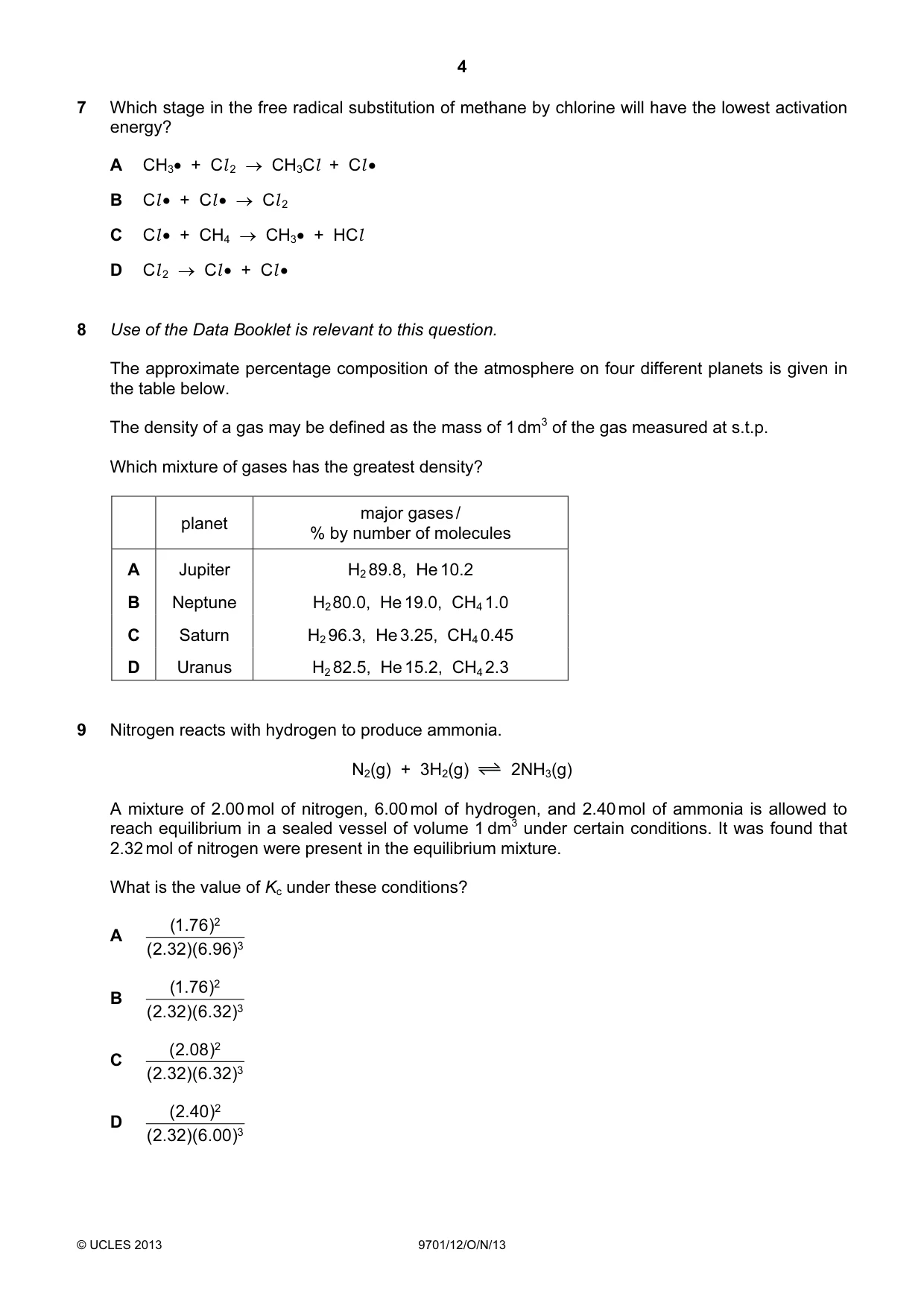 Cambridge A Level Chemistry 9701 2013 Oct/Nov Paper 1 · Variant 2 question paper, page 4 of 16