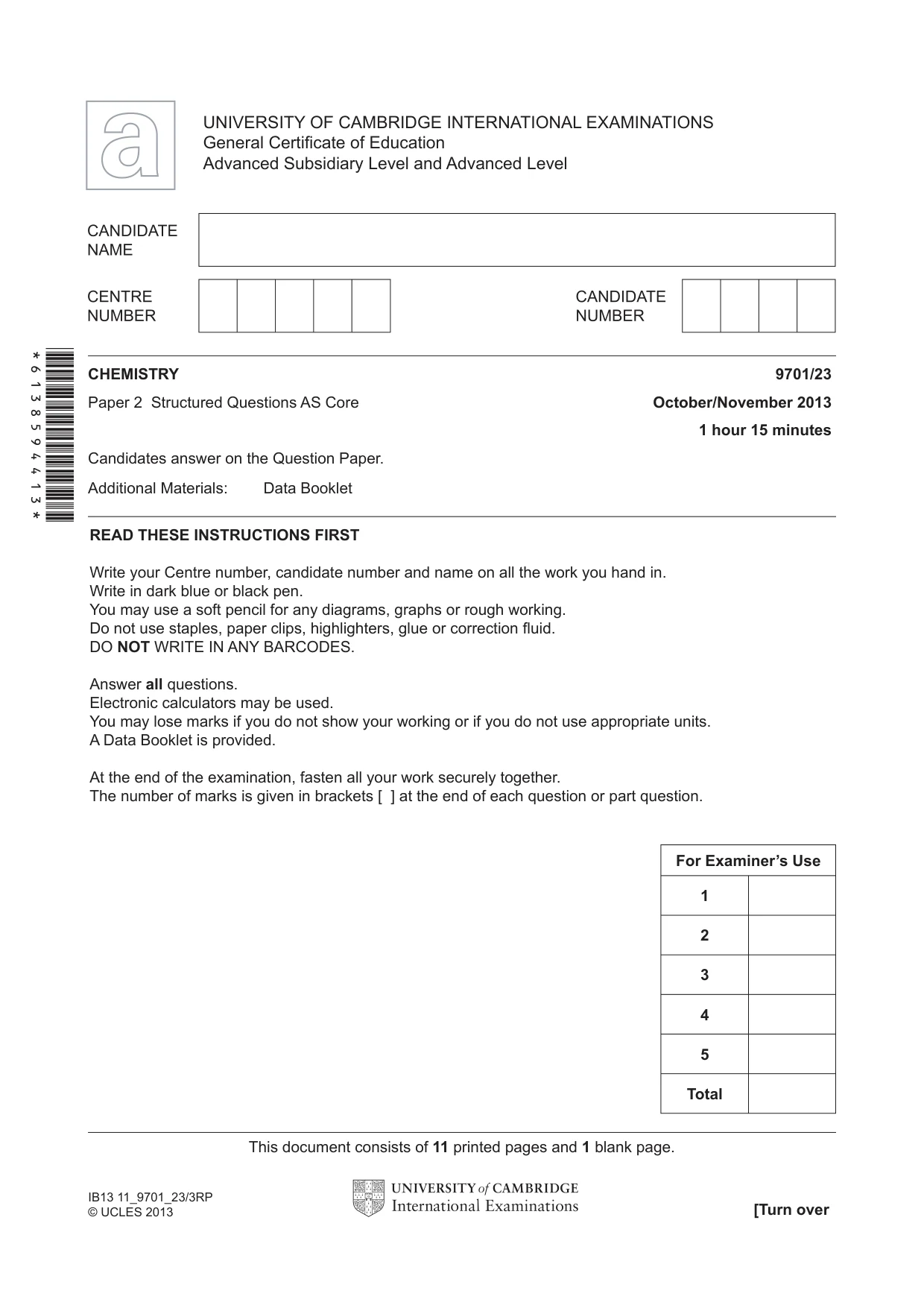 Cambridge A Level Chemistry 9701 2013 Oct/Nov Paper 2 · Variant 3 question paper, page 1 of 12