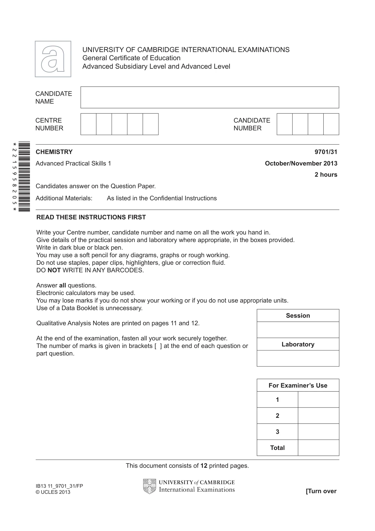 Cambridge A Level Chemistry 9701 2013 Oct/Nov Paper 3 · Variant 1 question paper, page 1 of 12