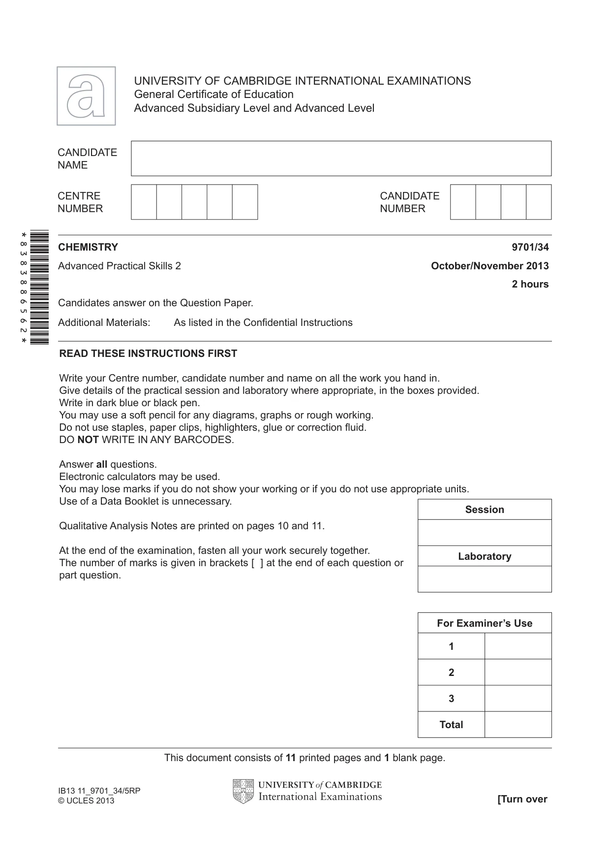 Cambridge A Level Chemistry 9701 2013 Oct/Nov Paper 3 · Variant 4 question paper, page 1 of 12