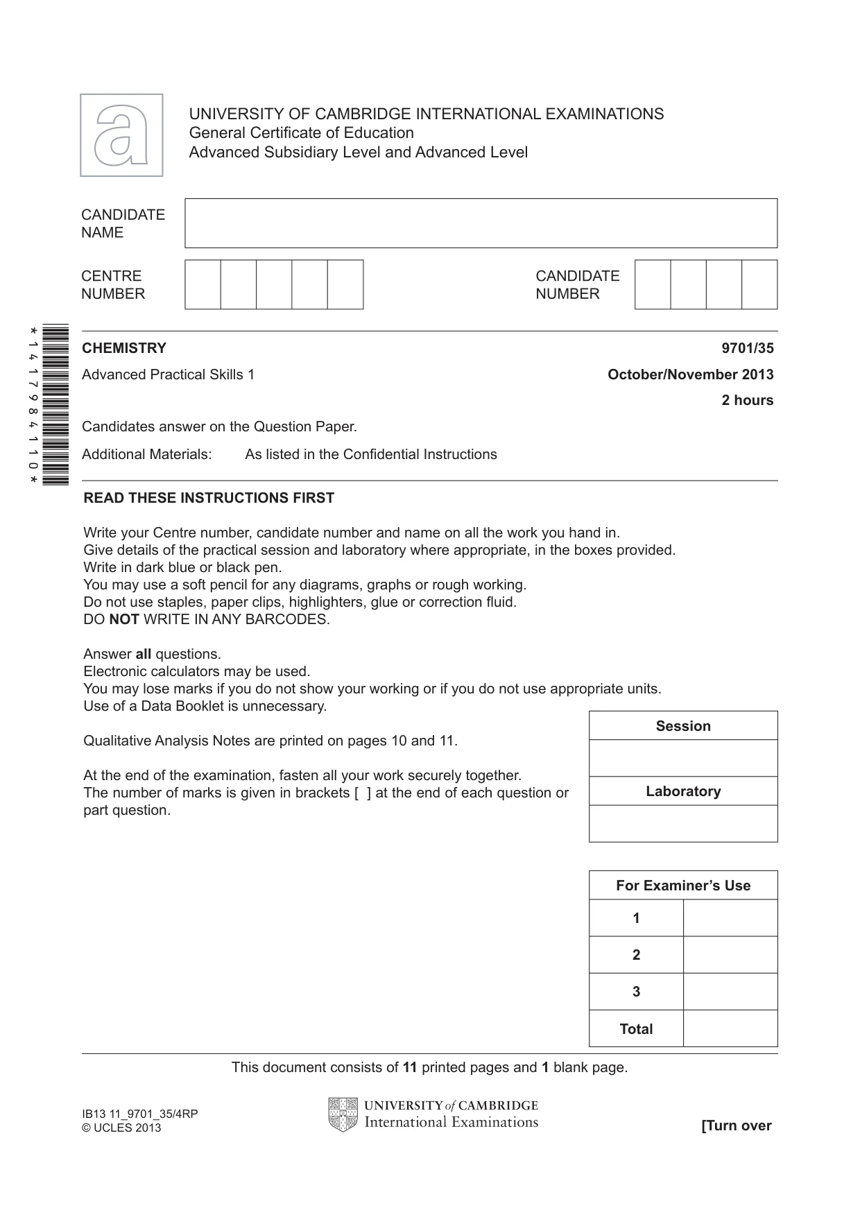 Cambridge A Level Chemistry 9701 2013 Oct/Nov Paper 3 · Variant 5 question paper, page 1 of 12