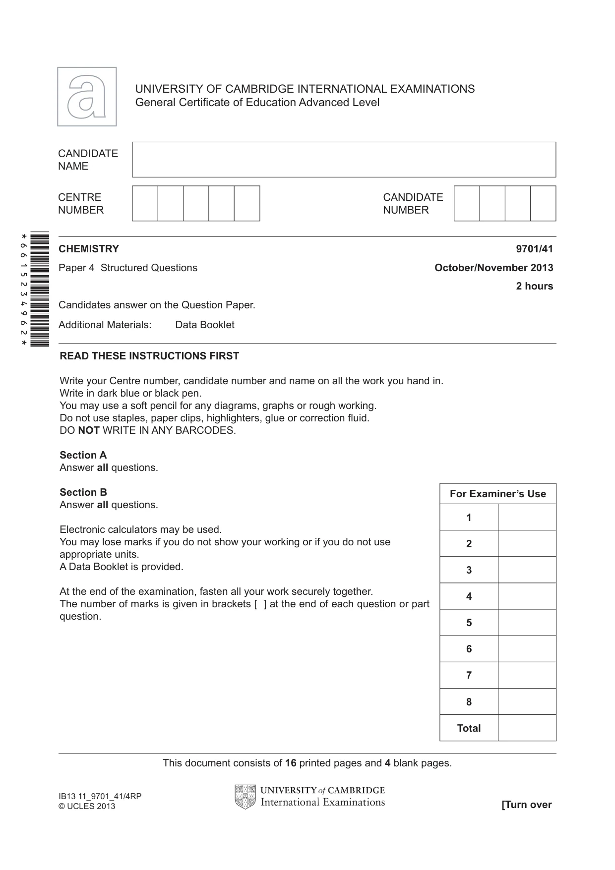 Cambridge A Level Chemistry 9701 2013 Oct/Nov Paper 4 · Variant 1 question paper, page 1 of 20