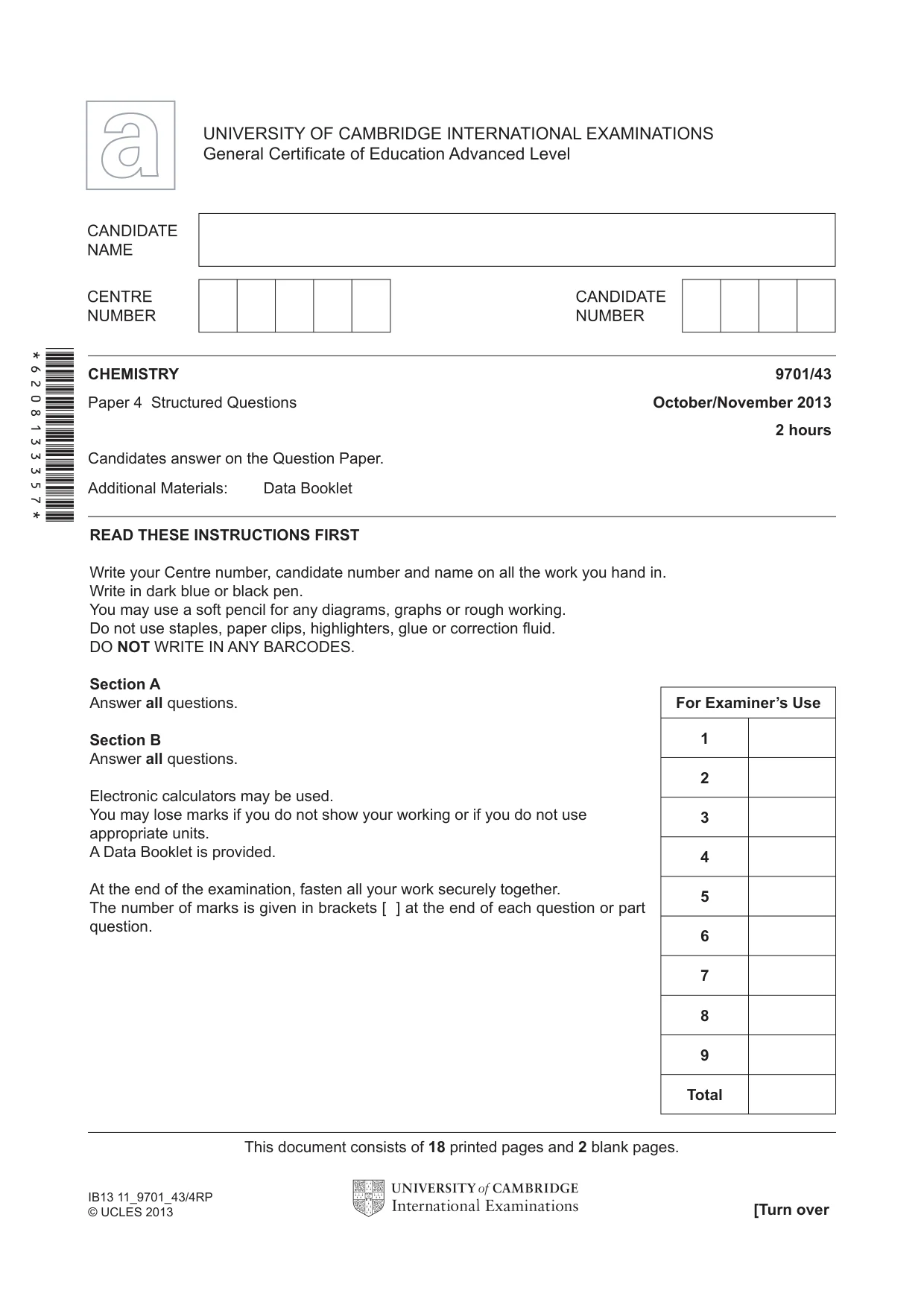 Cambridge A Level Chemistry 9701 2013 Oct/Nov Paper 4 · Variant 3 question paper, page 1 of 20