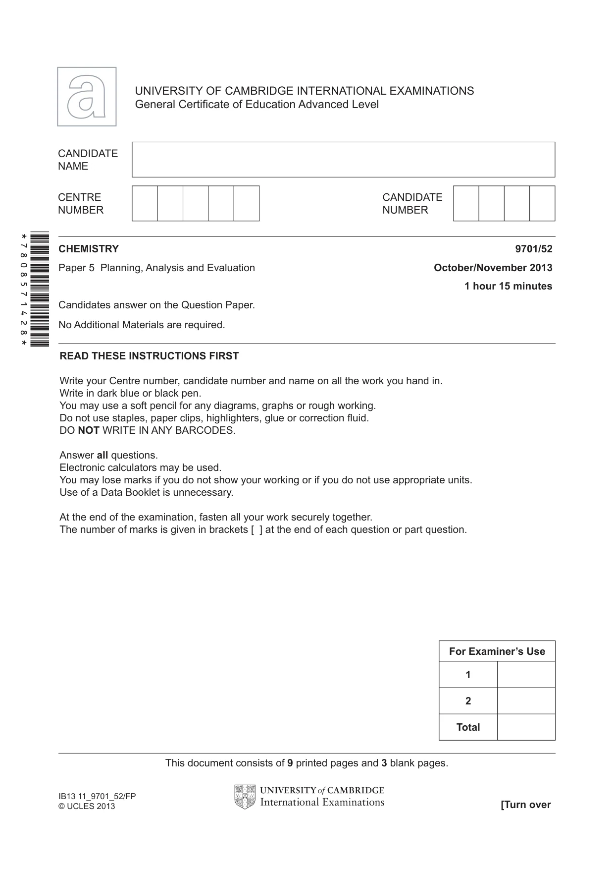 Cambridge A Level Chemistry 9701 2013 Oct/Nov Paper 5 · Variant 2 question paper, page 1 of 12