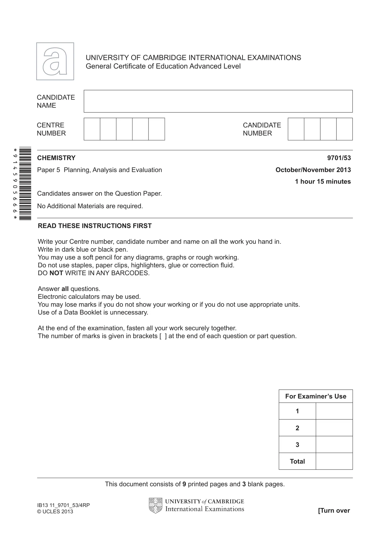 Cambridge A Level Chemistry 9701 2013 Oct/Nov Paper 5 · Variant 3 question paper, page 1 of 12