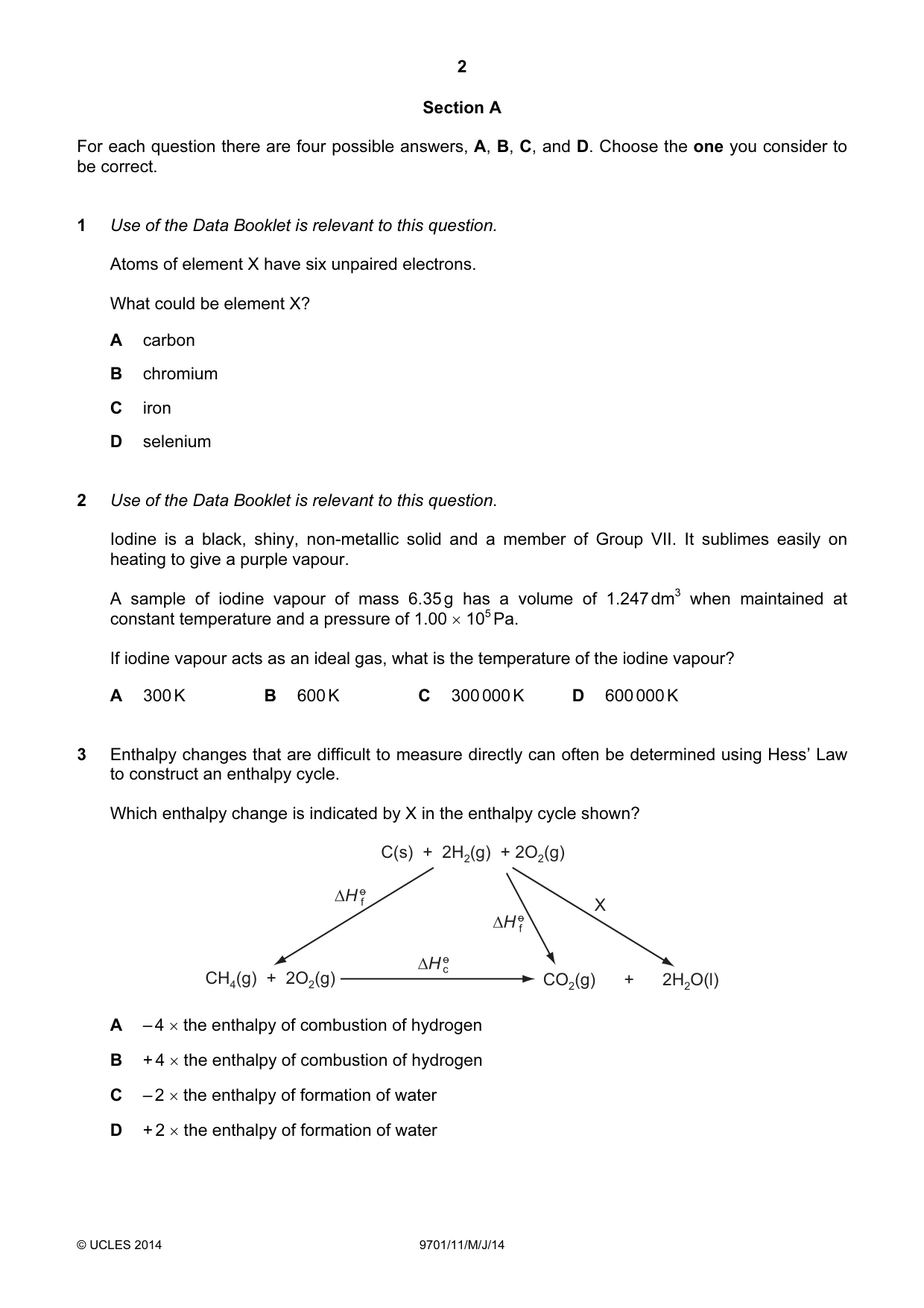 Cambridge A Level Chemistry 9701 2014 May/June Paper 1 · Variant 1 question paper, page 2 of 16