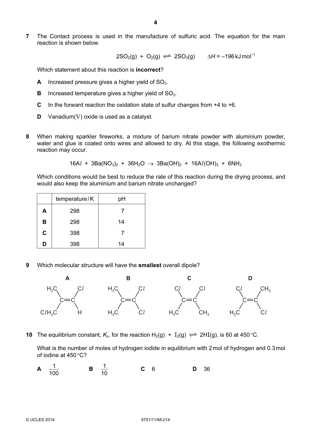 Cambridge A Level Chemistry 9701 2014 May/June Paper 1 · Variant 1 question paper, page 4 of 16