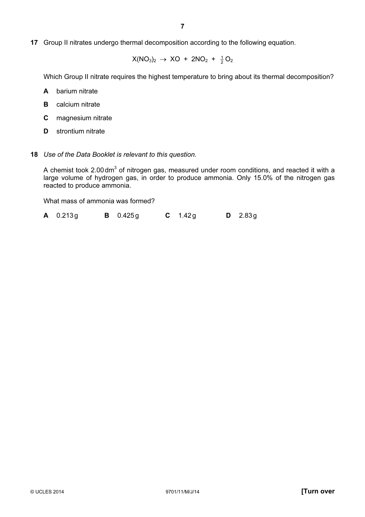 Cambridge A Level Chemistry 9701 2014 May/June Paper 1 · Variant 1 question paper, page 7 of 16