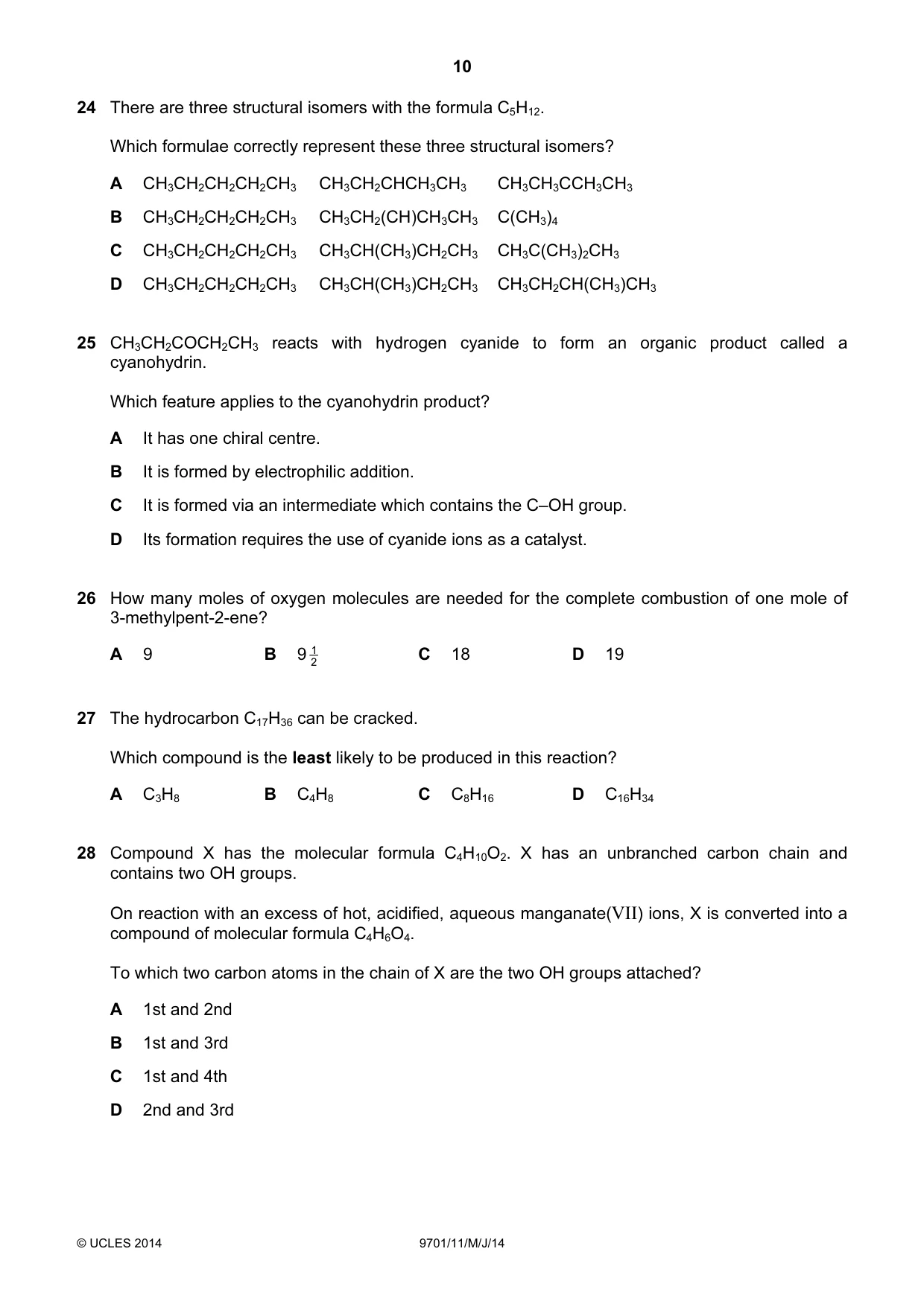 Cambridge A Level Chemistry 9701 2014 May/June Paper 1 · Variant 1 question paper, page 10 of 16