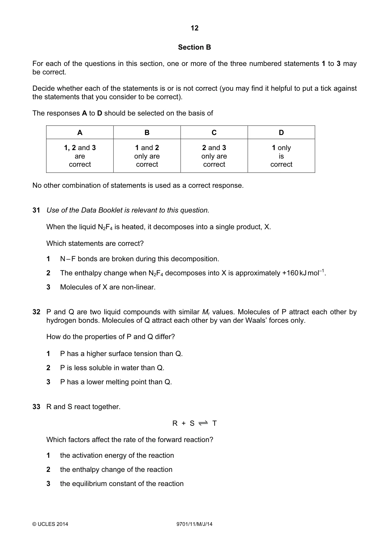 Cambridge A Level Chemistry 9701 2014 May/June Paper 1 · Variant 1 question paper, page 12 of 16