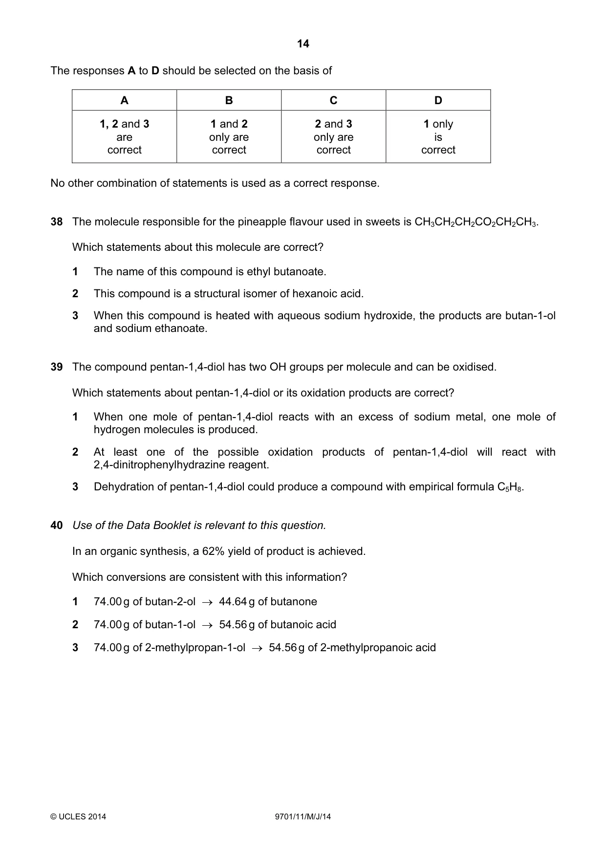 Cambridge A Level Chemistry 9701 2014 May/June Paper 1 · Variant 1 question paper, page 14 of 16