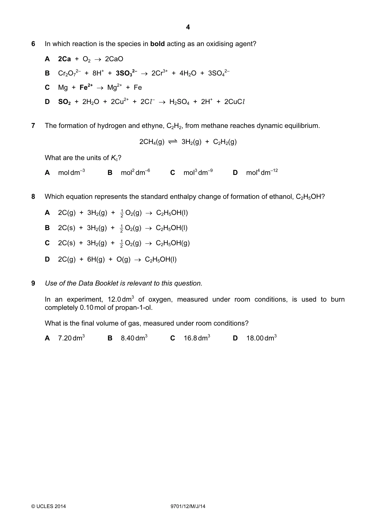 Cambridge A Level Chemistry 9701 2014 May/June Paper 1 · Variant 2 question paper, page 4 of 16