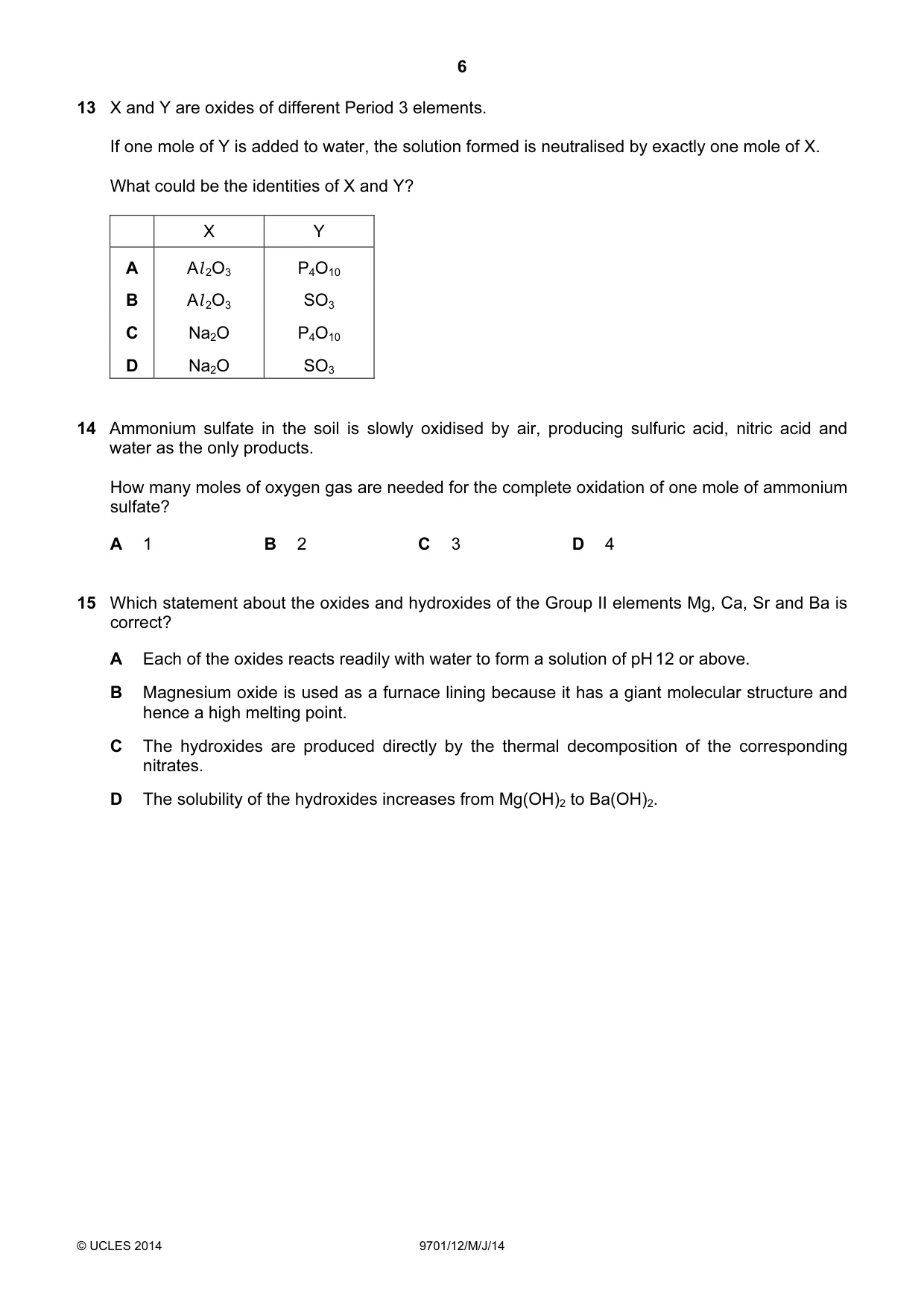 Cambridge A Level Chemistry 9701 2014 May/June Paper 1 · Variant 2 question paper, page 6 of 16
