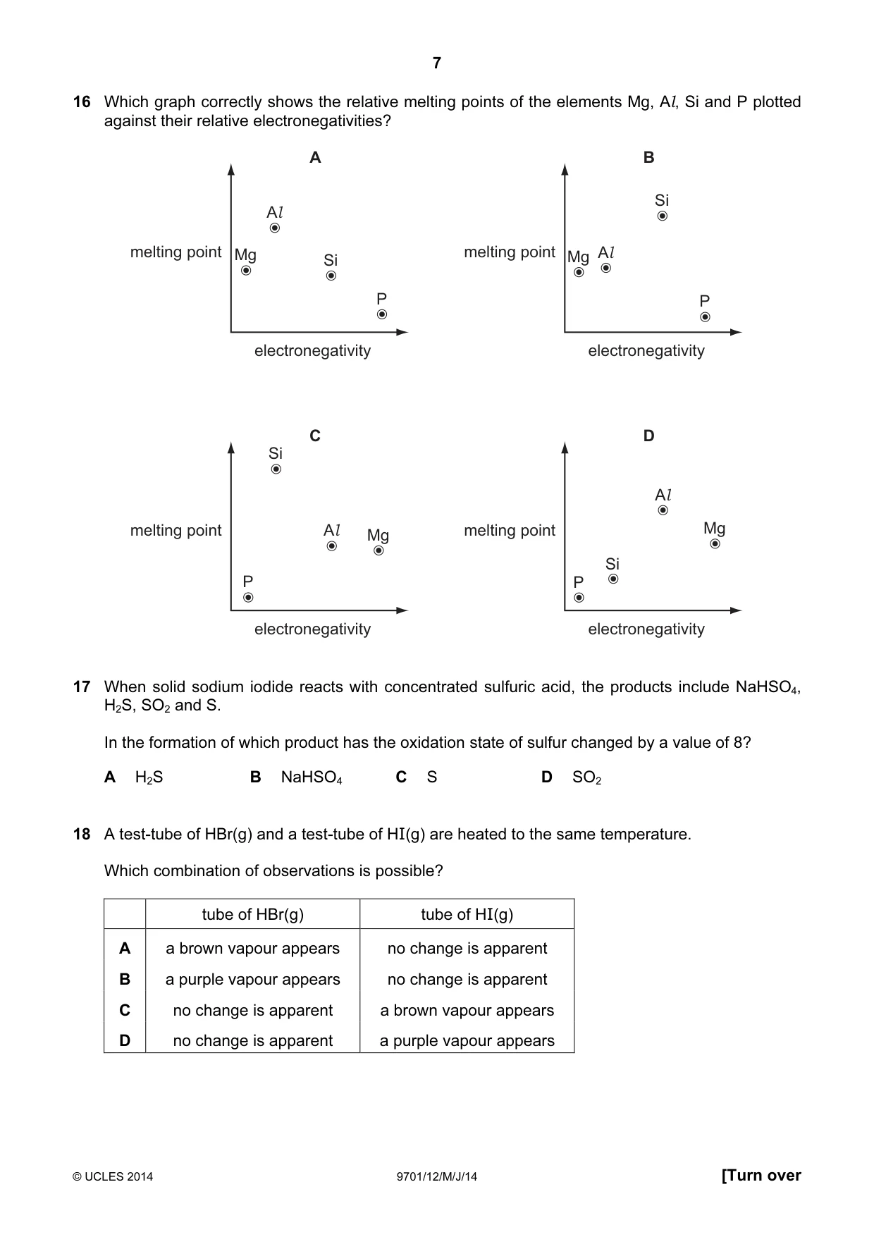 Cambridge A Level Chemistry 9701 2014 May/June Paper 1 · Variant 2 question paper, page 7 of 16