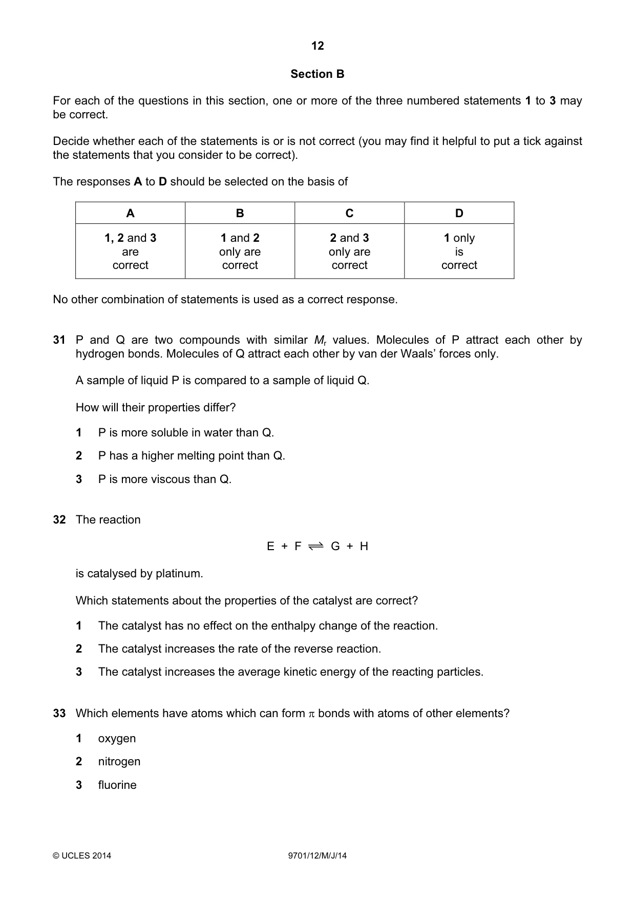 Cambridge A Level Chemistry 9701 2014 May/June Paper 1 · Variant 2 question paper, page 12 of 16