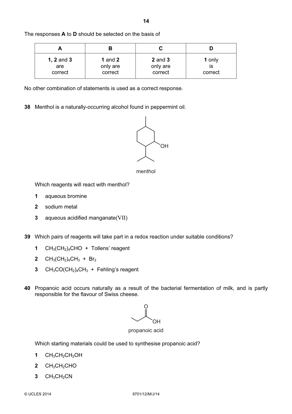 Cambridge A Level Chemistry 9701 2014 May/June Paper 1 · Variant 2 question paper, page 14 of 16
