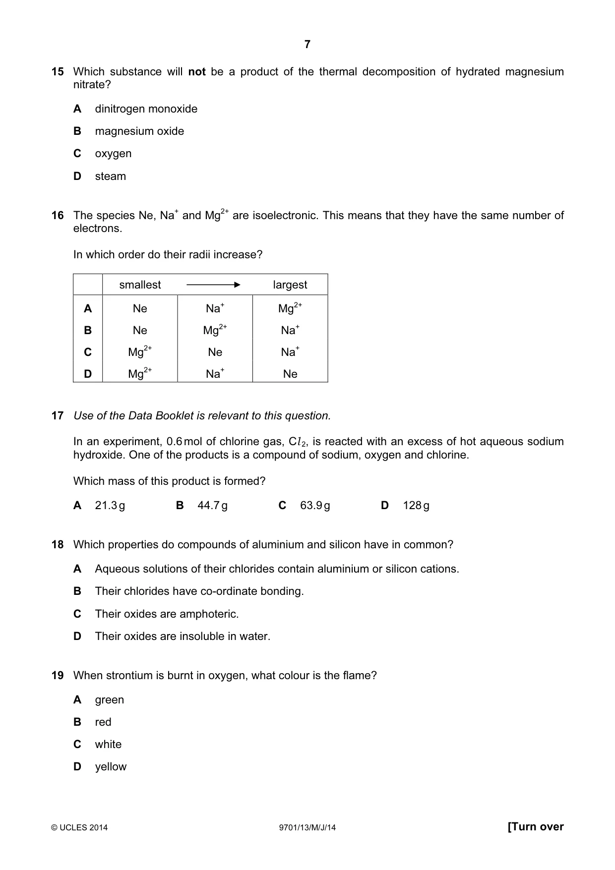 Cambridge A Level Chemistry 9701 2014 May/June Paper 1 · Variant 3 question paper, page 7 of 16