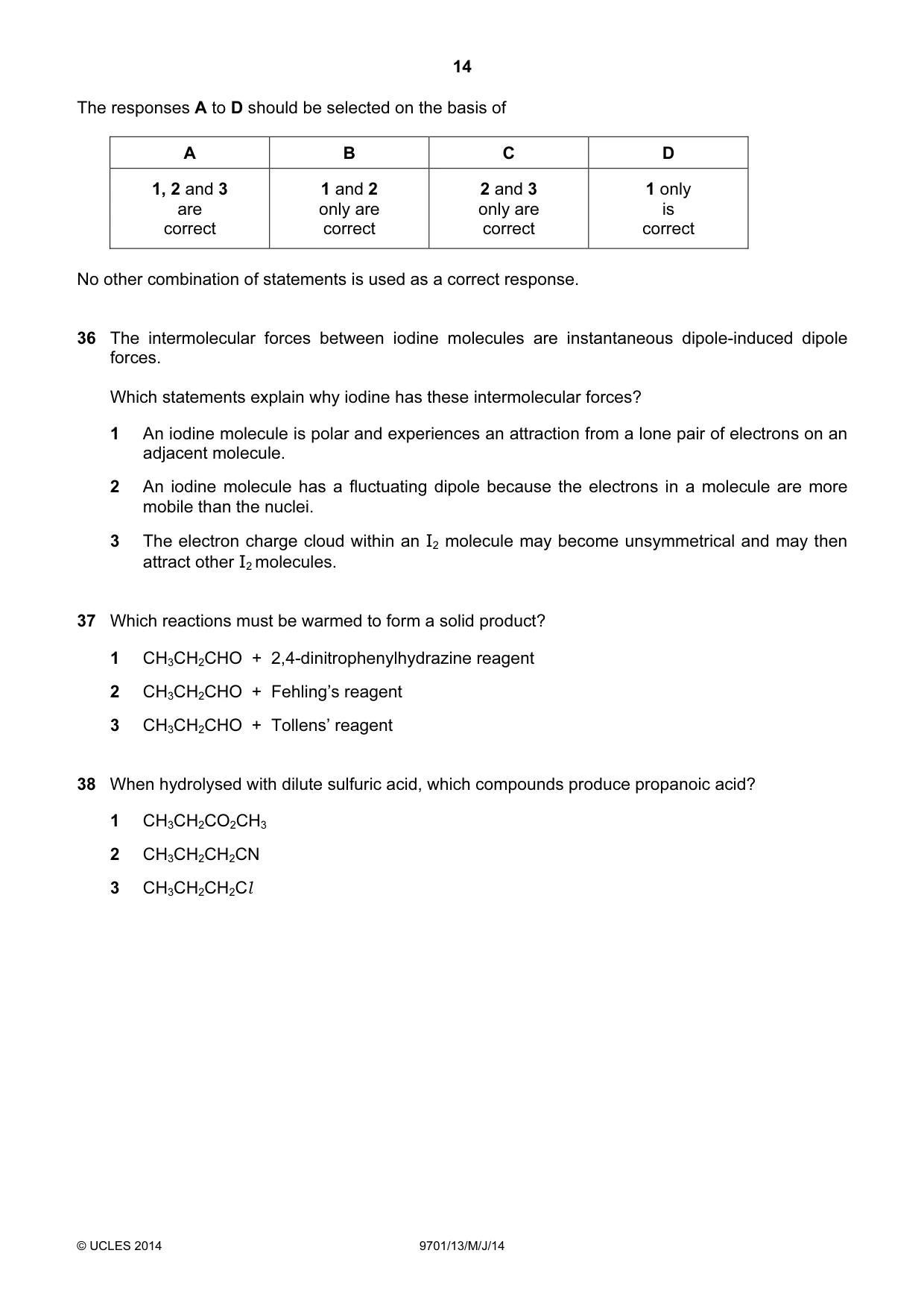 Cambridge A Level Chemistry 9701 2014 May/June Paper 1 · Variant 3 question paper, page 14 of 16