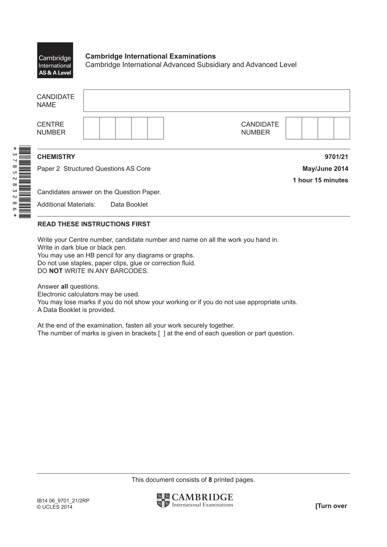 Cambridge A Level Chemistry 9701 2014 May/June Paper 2 · Variant 1 question paper, page 1 of 8