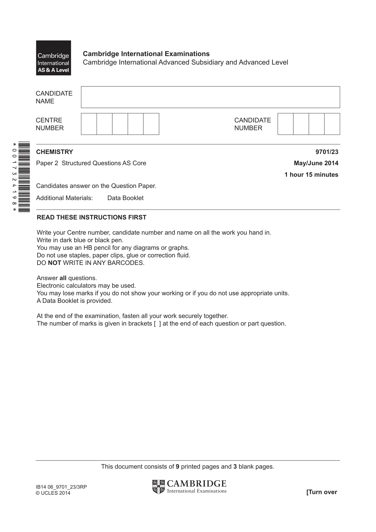 Cambridge A Level Chemistry 9701 2014 May/June Paper 2 · Variant 3 question paper, page 1 of 12