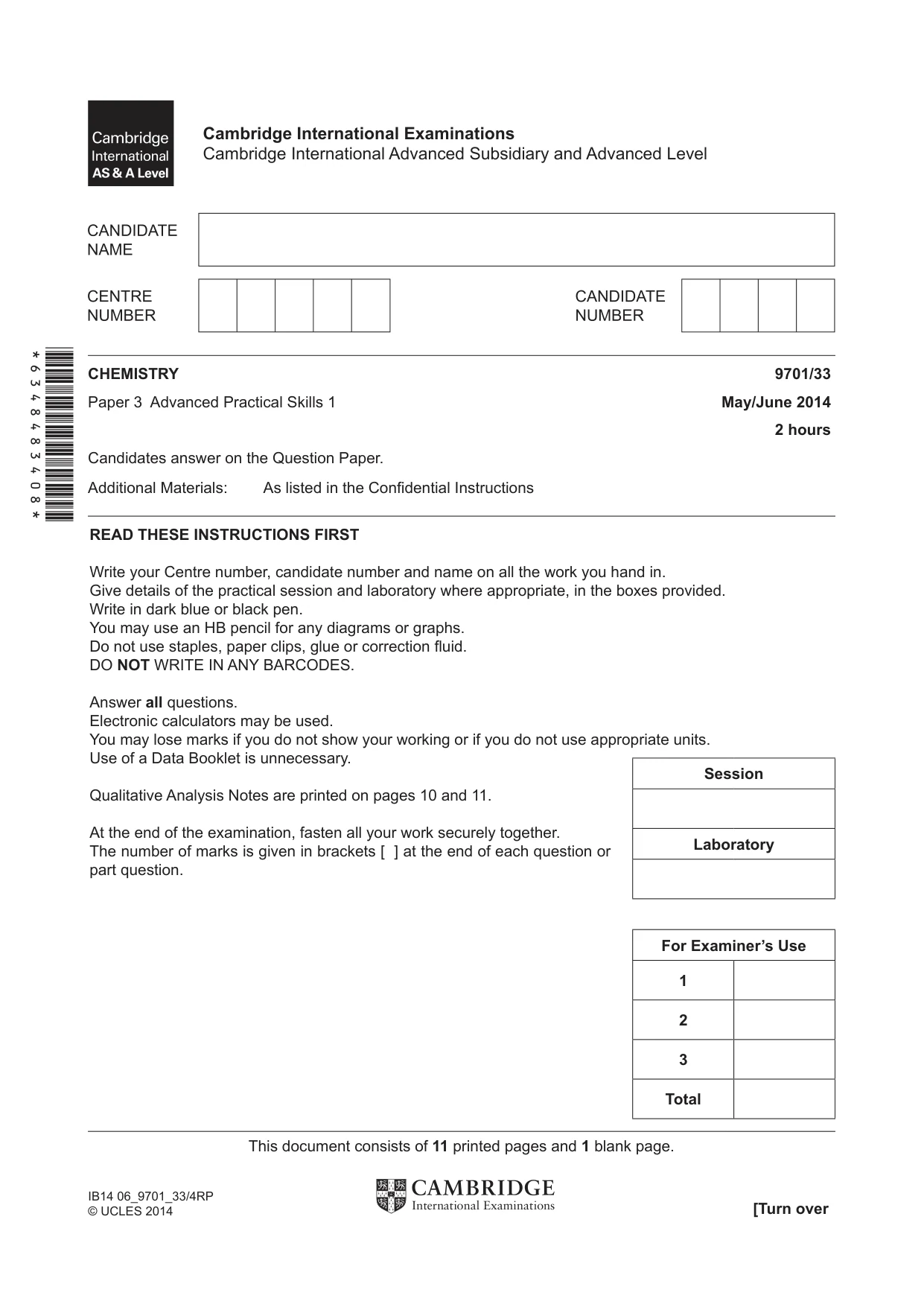 Cambridge A Level Chemistry 9701 2014 May/June Paper 3 · Variant 3 question paper, page 1 of 12