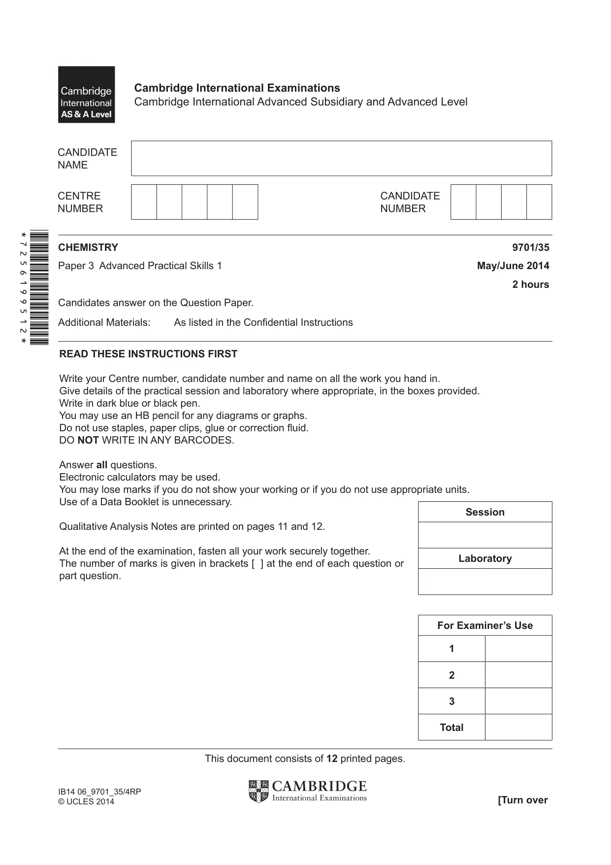 Cambridge A Level Chemistry 9701 2014 May/June Paper 3 · Variant 5 question paper, page 1 of 12