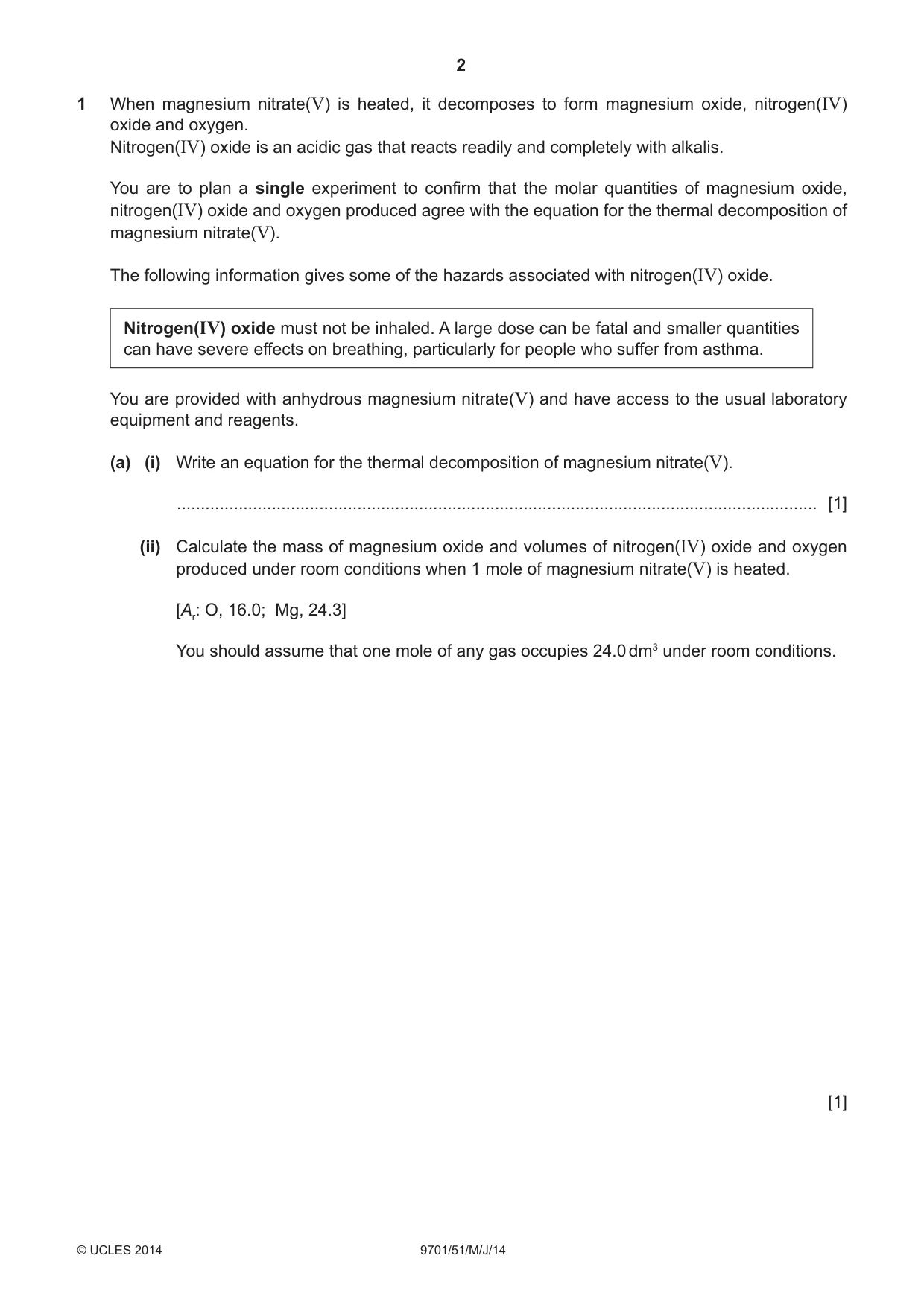 Cambridge A Level Chemistry 9701 2014 May/June Paper 5 · Variant 1 question paper, page 2 of 12