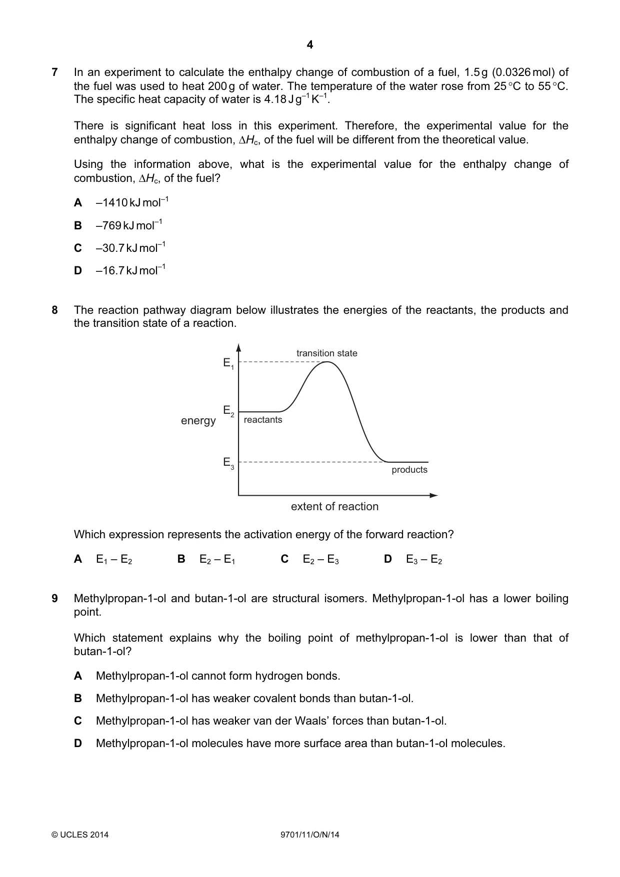 Cambridge A Level Chemistry 9701 2014 Oct/Nov Paper 1 · Variant 1 question paper, page 4 of 16