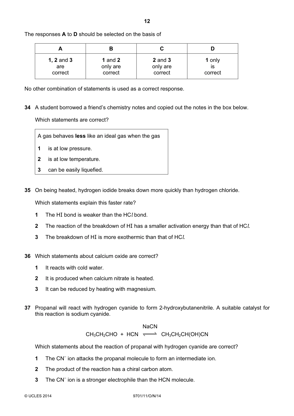 Cambridge A Level Chemistry 9701 2014 Oct/Nov Paper 1 · Variant 1 question paper, page 12 of 16
