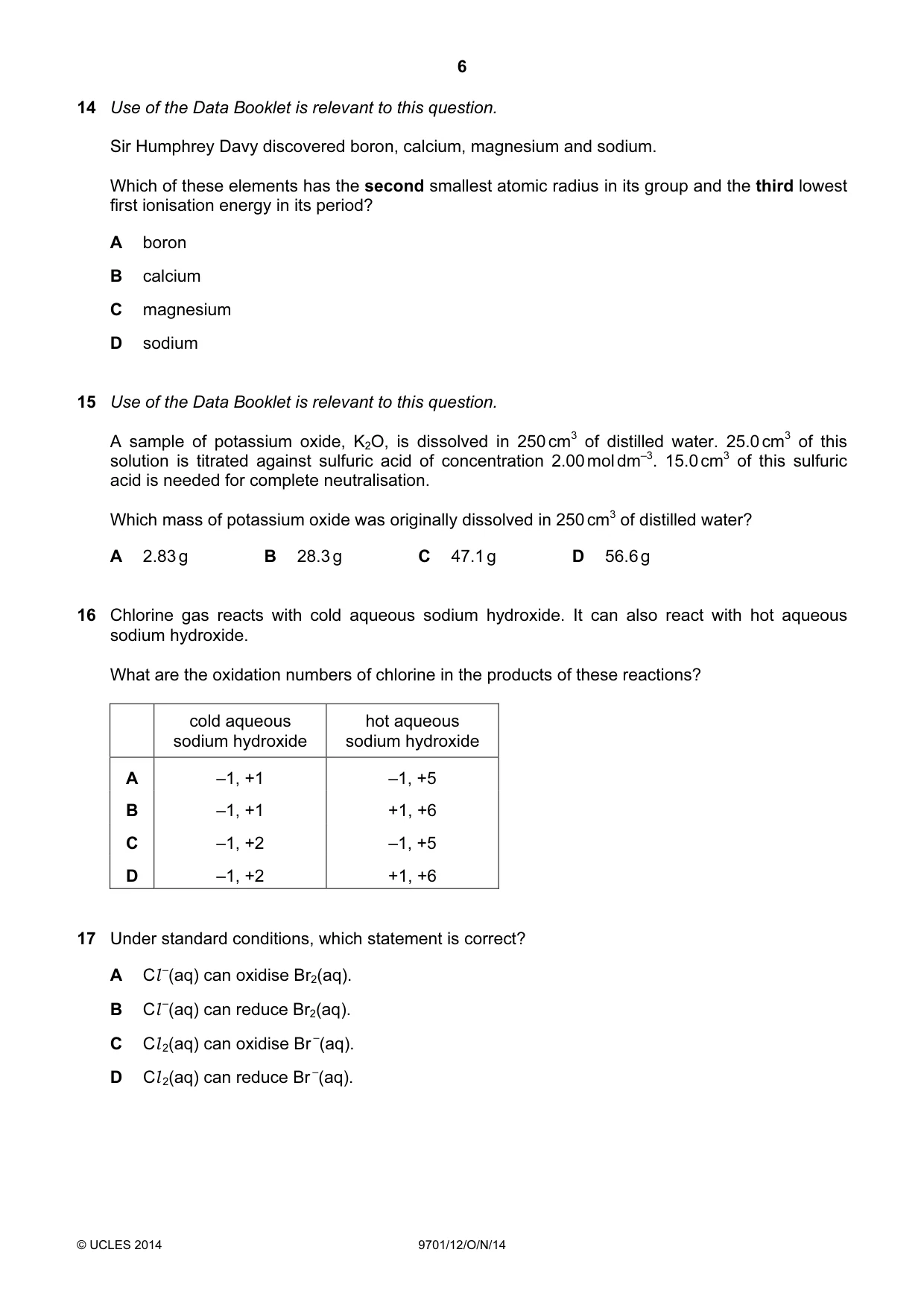 Cambridge A Level Chemistry 9701 2014 Oct/Nov Paper 1 · Variant 2 question paper, page 6 of 16