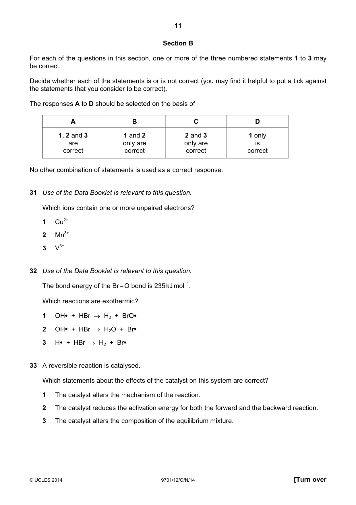 Cambridge A Level Chemistry 9701 2014 Oct/Nov Paper 1 · Variant 2 question paper, page 11 of 16