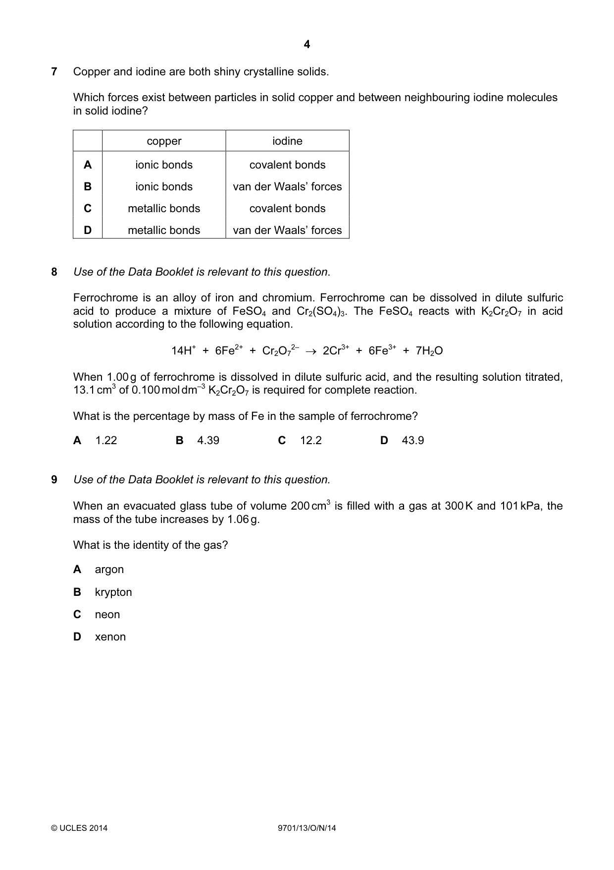 Cambridge A Level Chemistry 9701 2014 Oct/Nov Paper 1 · Variant 3 question paper, page 4 of 16