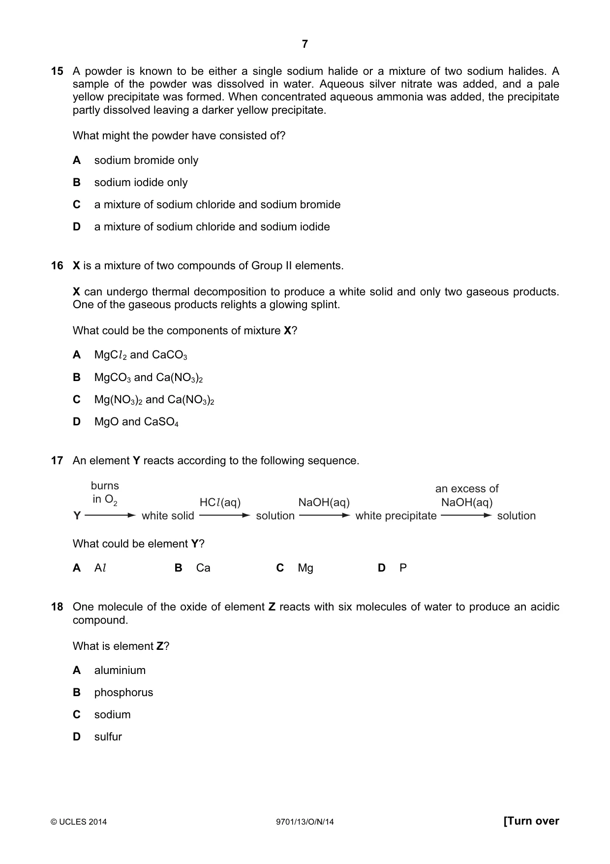 Cambridge A Level Chemistry 9701 2014 Oct/Nov Paper 1 · Variant 3 question paper, page 7 of 16