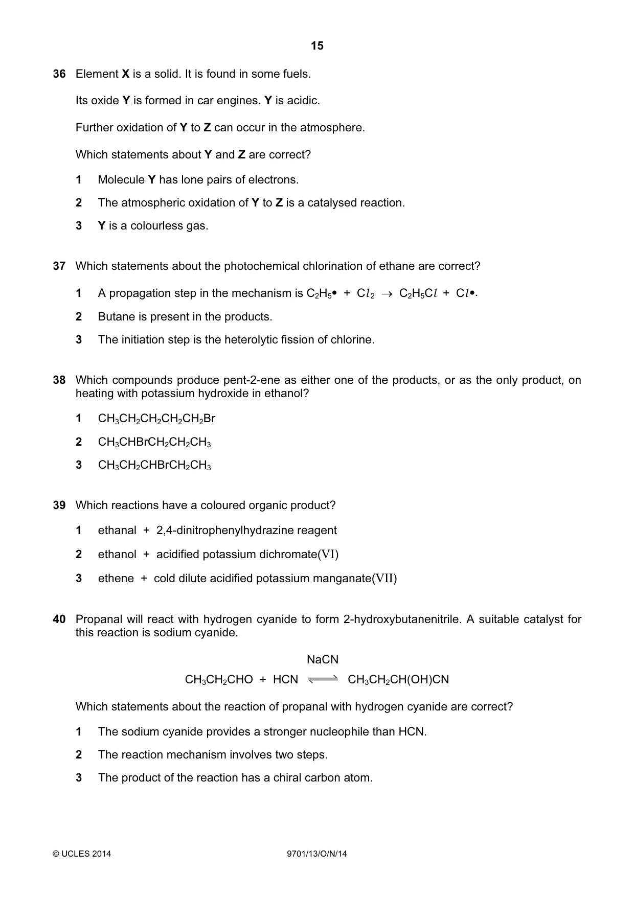 Cambridge A Level Chemistry 9701 2014 Oct/Nov Paper 1 · Variant 3 question paper, page 15 of 16