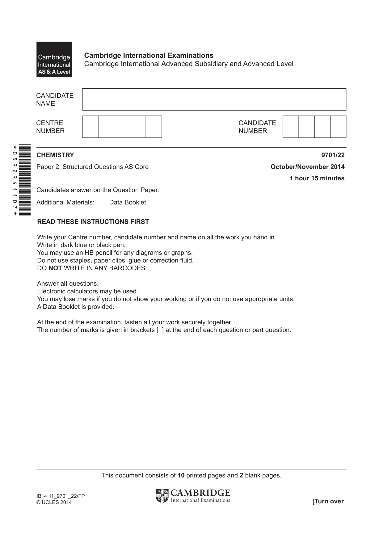 Cambridge A Level Chemistry 9701 2014 Oct/Nov Paper 2 · Variant 2 question paper, page 1 of 12