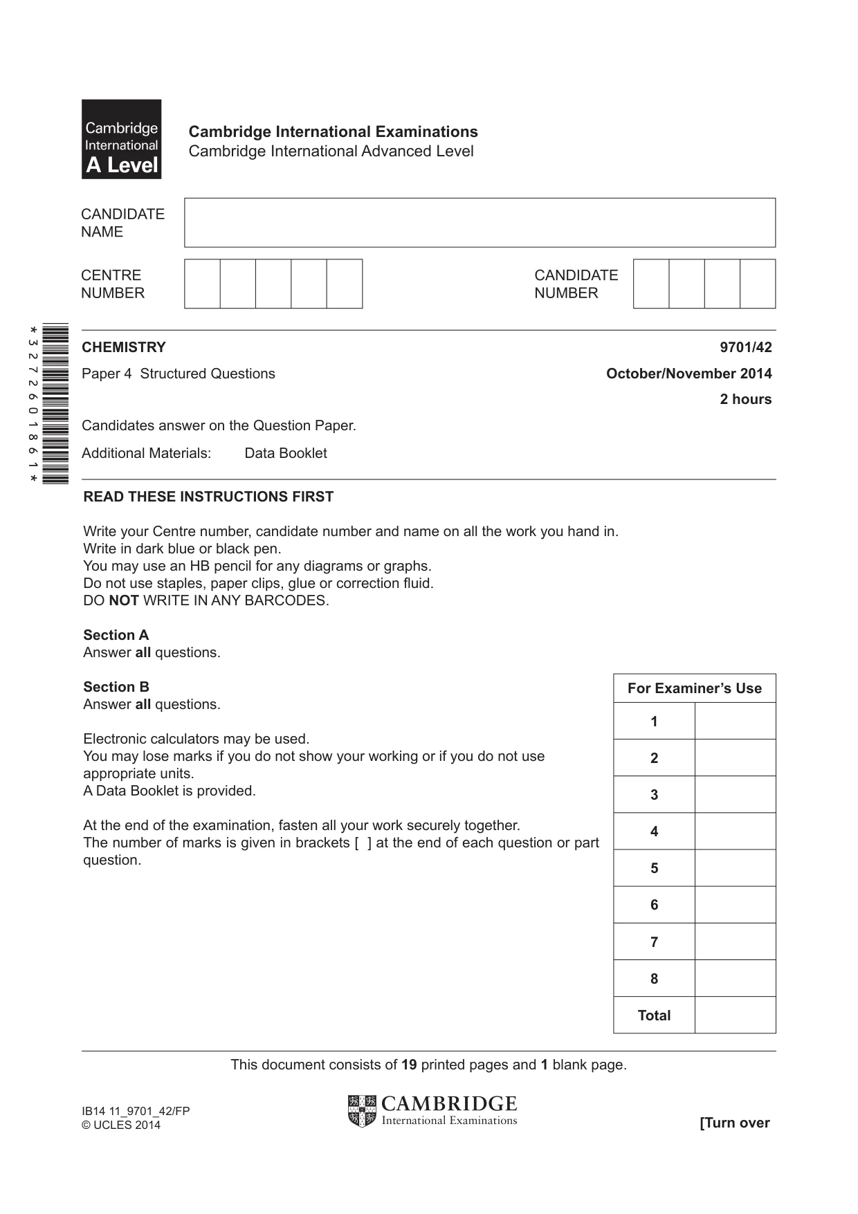 Cambridge A Level Chemistry 9701 2014 Oct/Nov Paper 4 · Variant 2 question paper, page 1 of 20