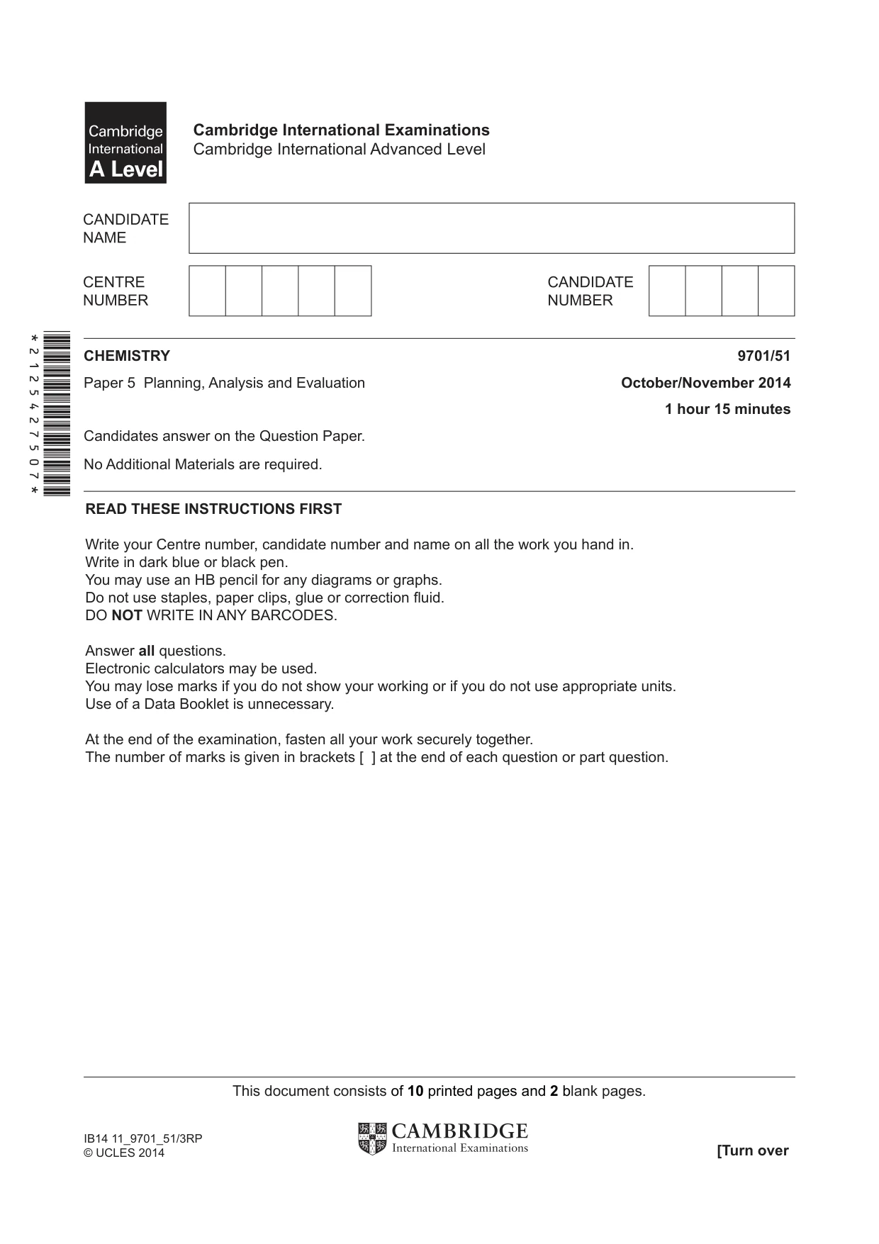Cambridge A Level Chemistry 9701 2014 Oct/Nov Paper 5 · Variant 1 question paper, page 1 of 12