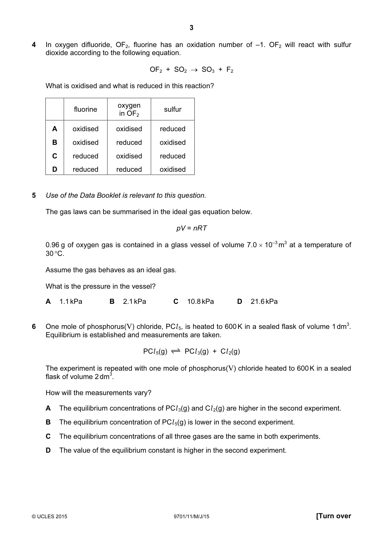 Cambridge A Level Chemistry 9701 2015 May/June Paper 1 · Variant 1 question paper, page 3 of 16