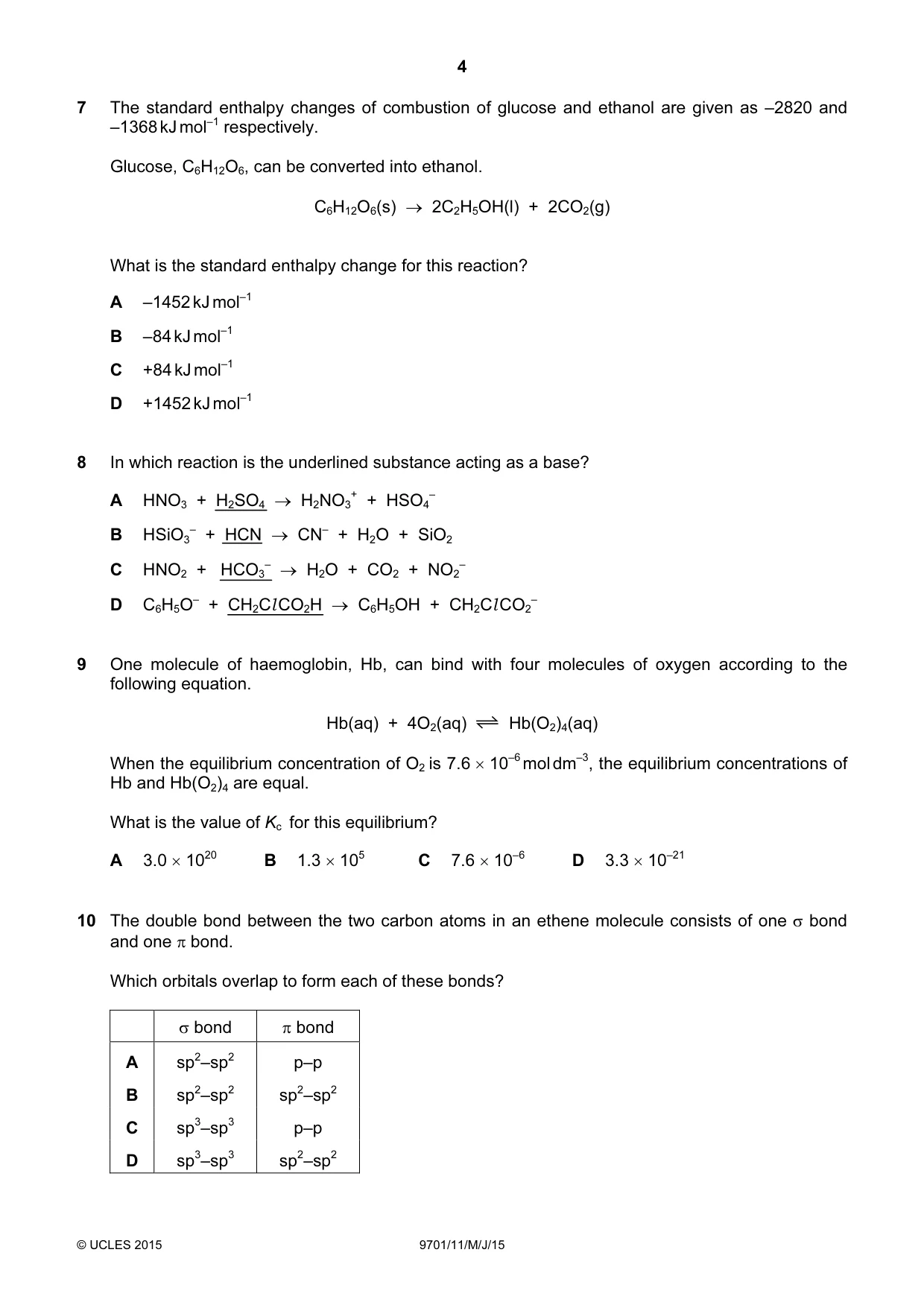 Cambridge A Level Chemistry 9701 2015 May/June Paper 1 · Variant 1 question paper, page 4 of 16