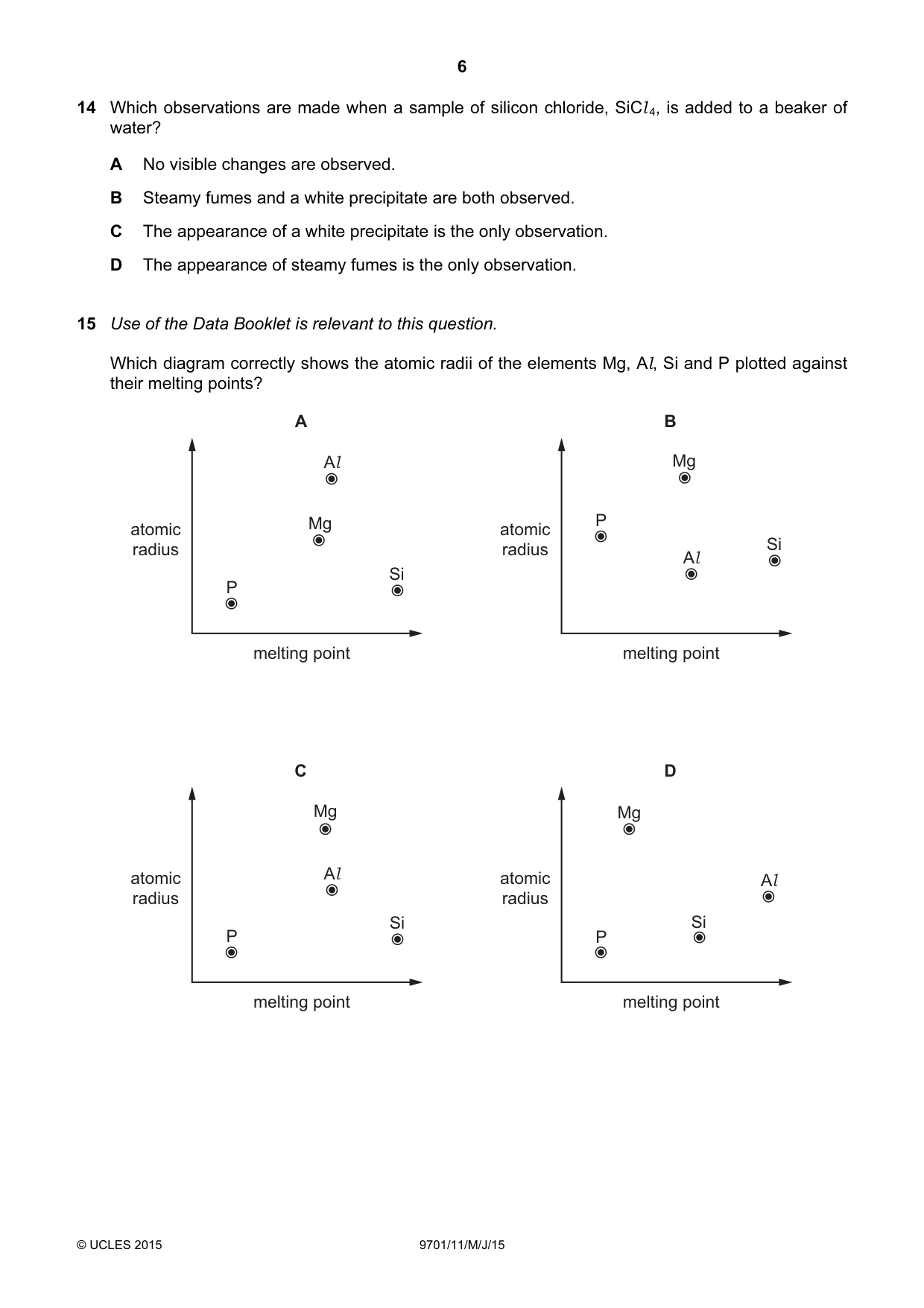 Cambridge A Level Chemistry 9701 2015 May/June Paper 1 · Variant 1 question paper, page 6 of 16