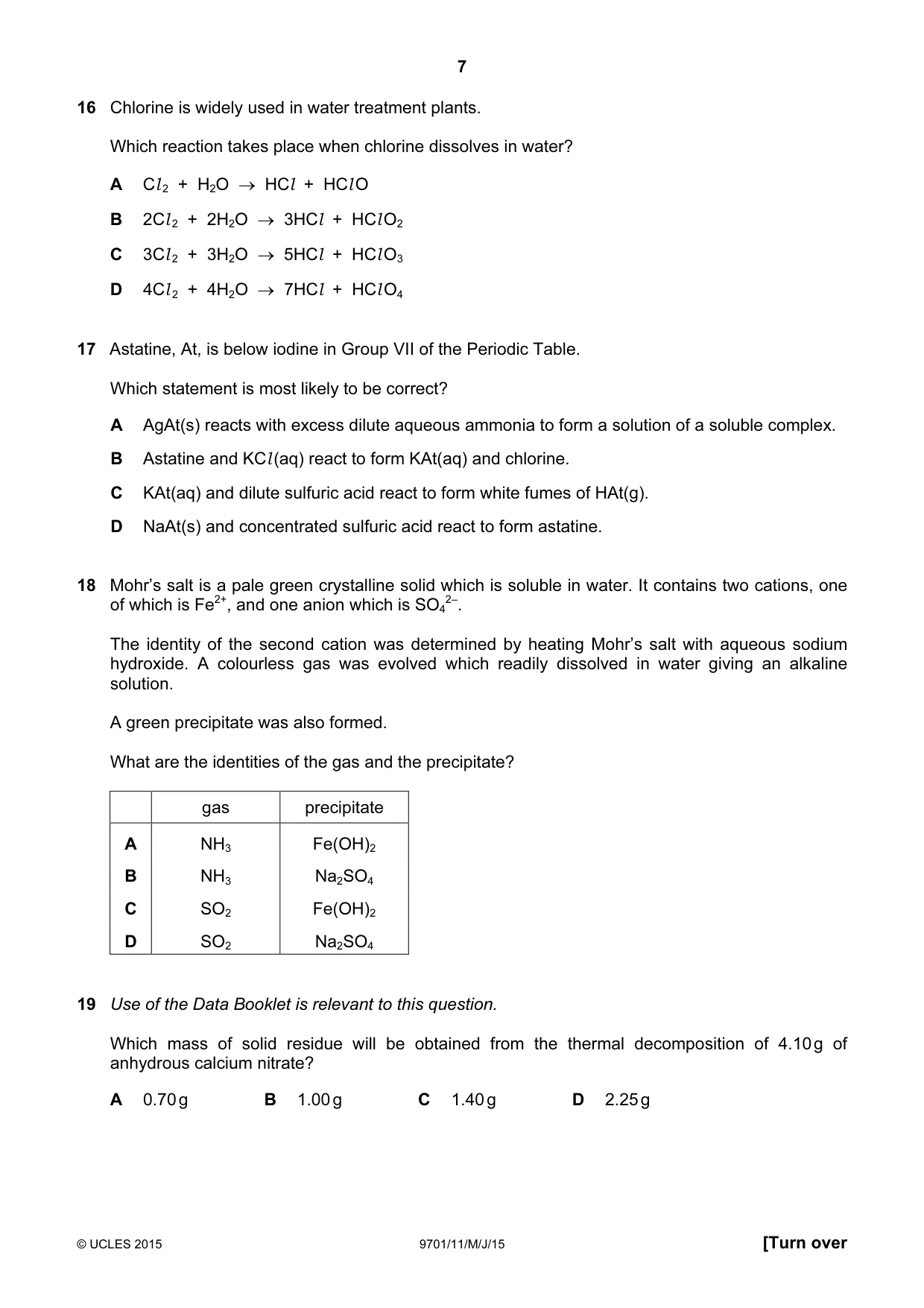 Cambridge A Level Chemistry 9701 2015 May/June Paper 1 · Variant 1 question paper, page 7 of 16